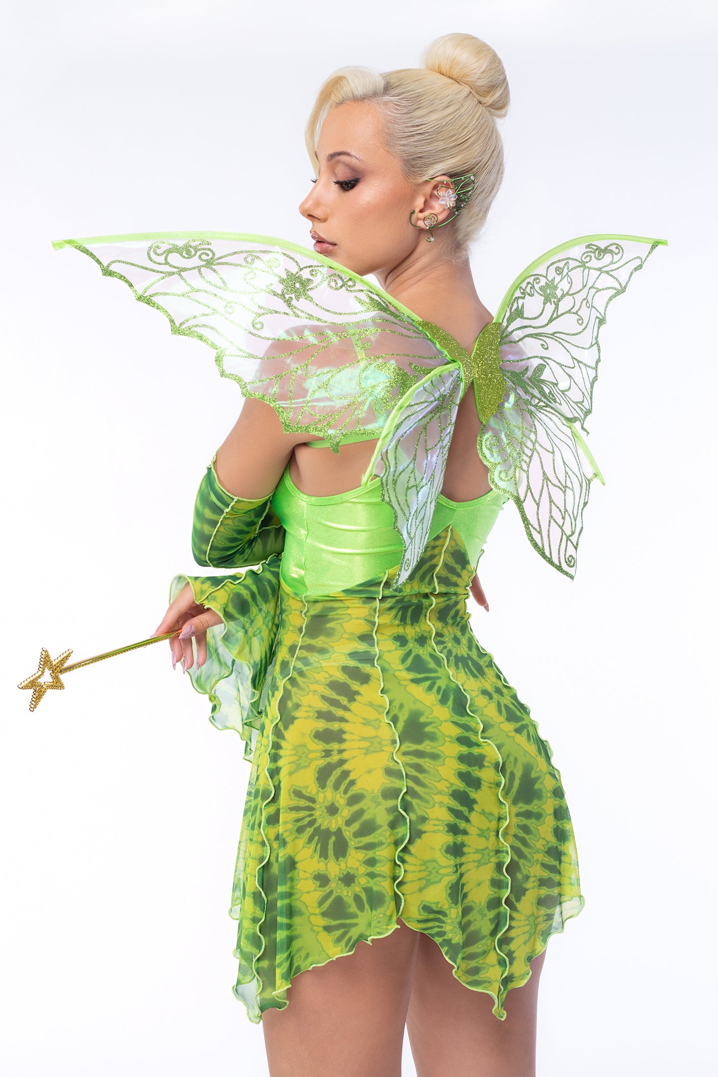 BADINKA winged green mini dress with  flared sleeves and asymmetrical hem; fairy Halloween theme; close-up back view