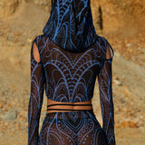 Blue Occult Hooded Mesh Top