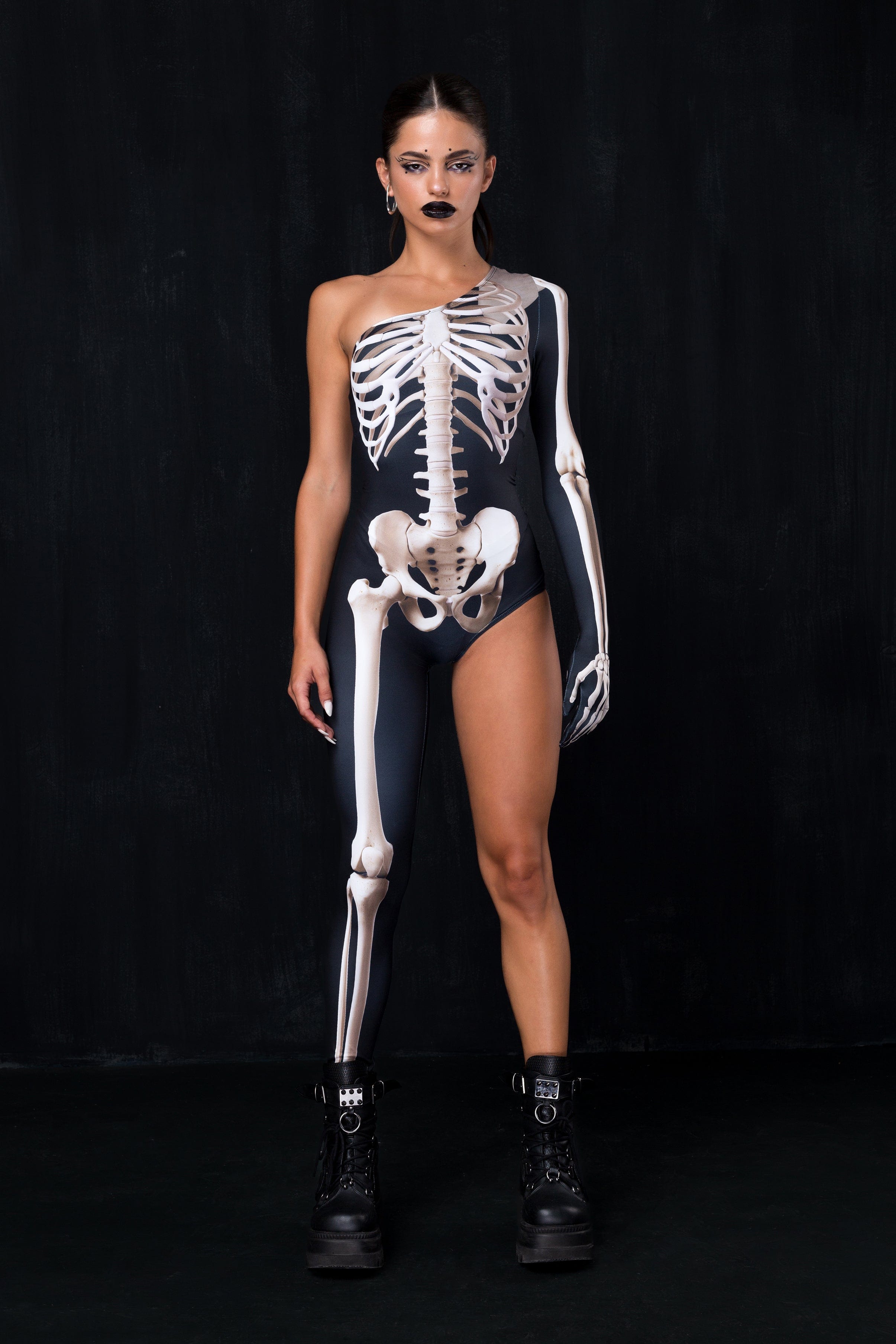 BADINKA black and white skeleton print costume with asymmetrical long sleeve and leg design; sexy women's design; front view