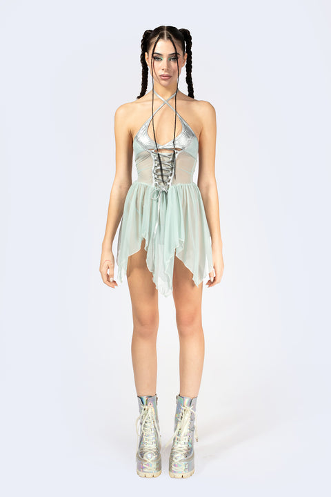 Double Take Lace Up Mini Dress