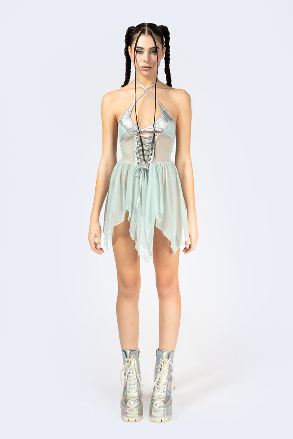 Double Take Lace Up Mini Dress