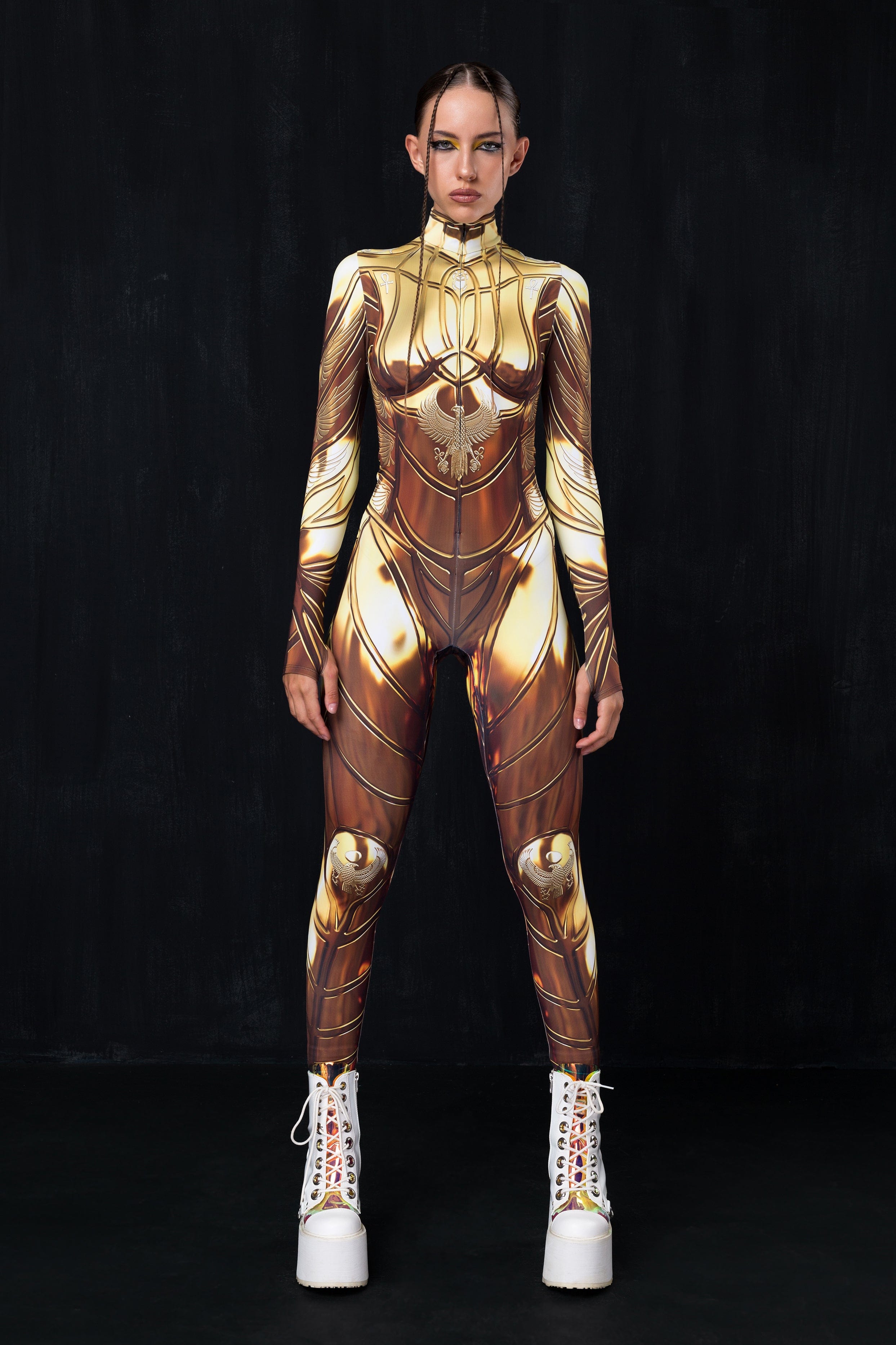 BADINKA metallic gold Lycra costume with sleek form-fitting design and mock neck; women's Halloween outfit; front view