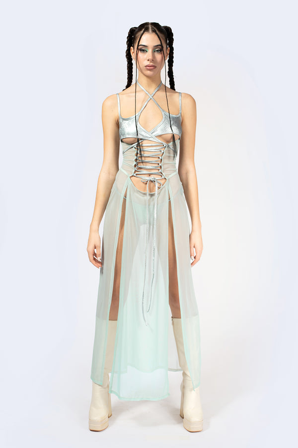 Double Take Lace Up Slit Dress