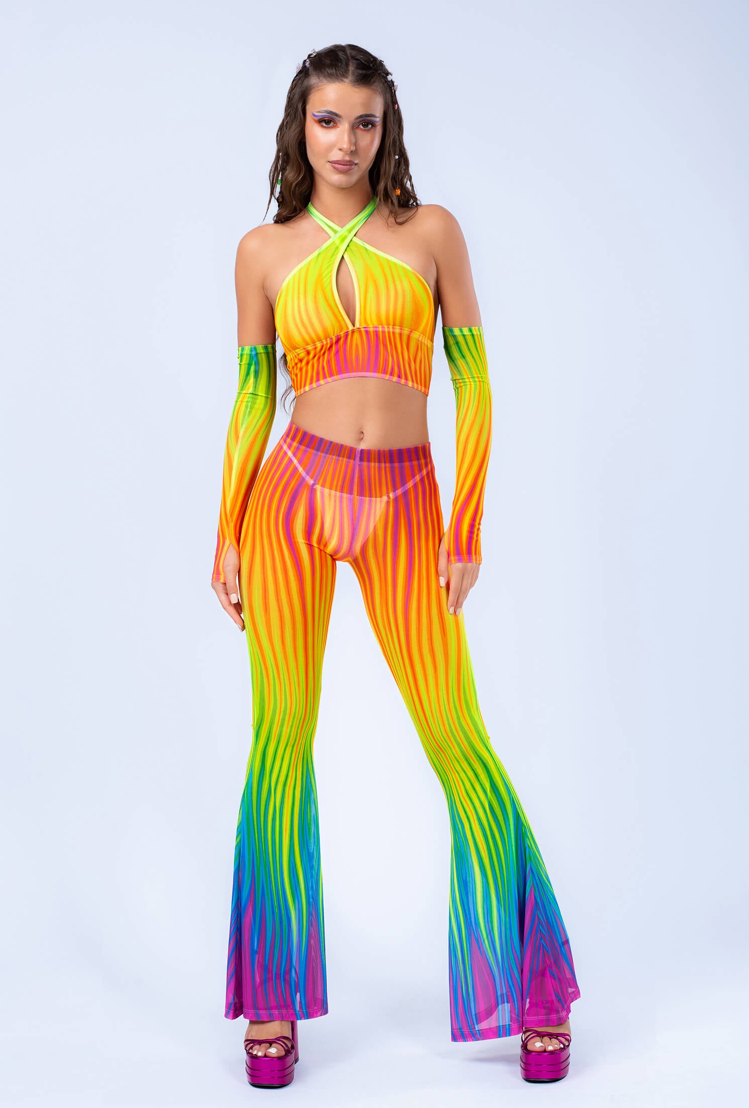 Neon Rainbow Flame Bell Bottom Mesh Pants