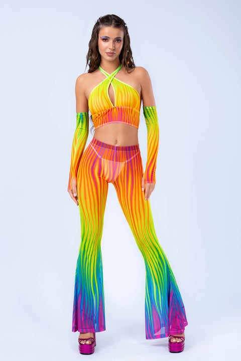 Neon Rainbow Flame Bell Bottom Mesh Pants