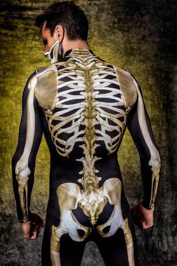 BADINKA black and gold skeleton costume for Halloween, UV-reactive X-ray bone print; men's design; front view