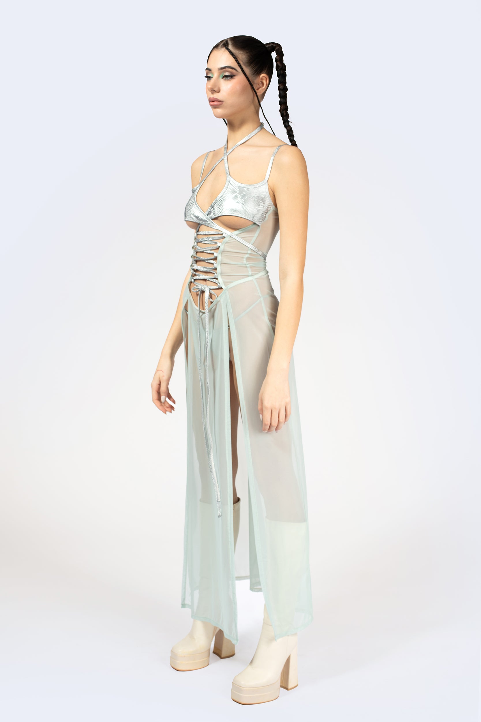 BADINKA Women Double Take Lace Up Slit Dress