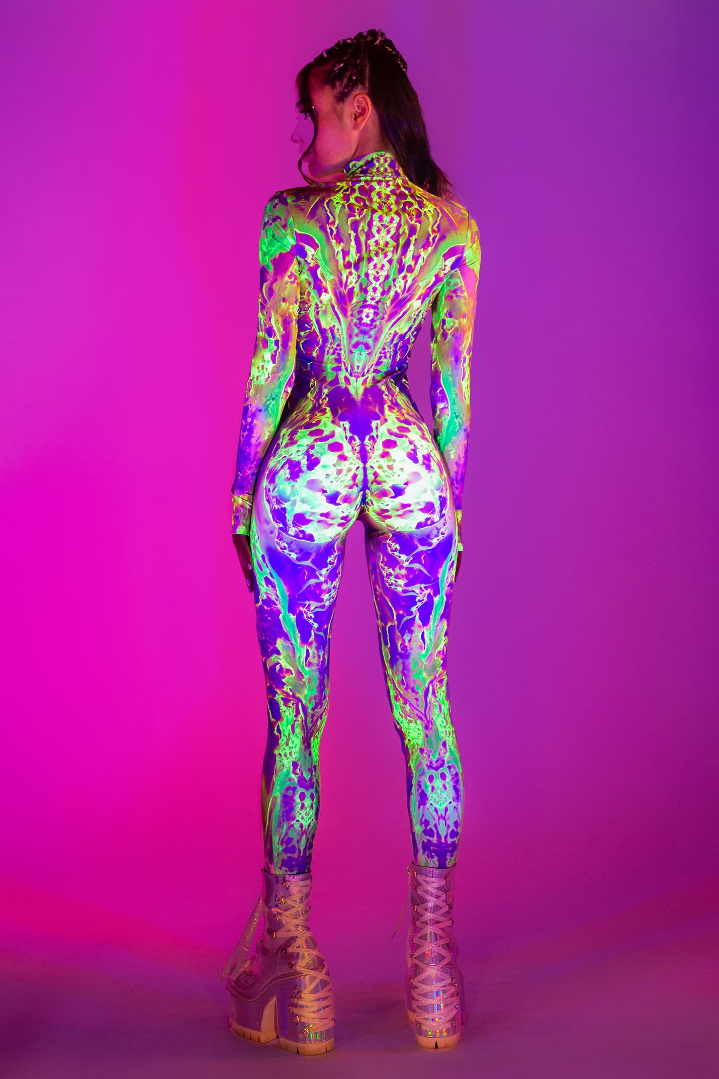 Costume Exploding Wave Red Purple and Yellow Psychedelic Rave Costume with Mock Neck - BADINKA