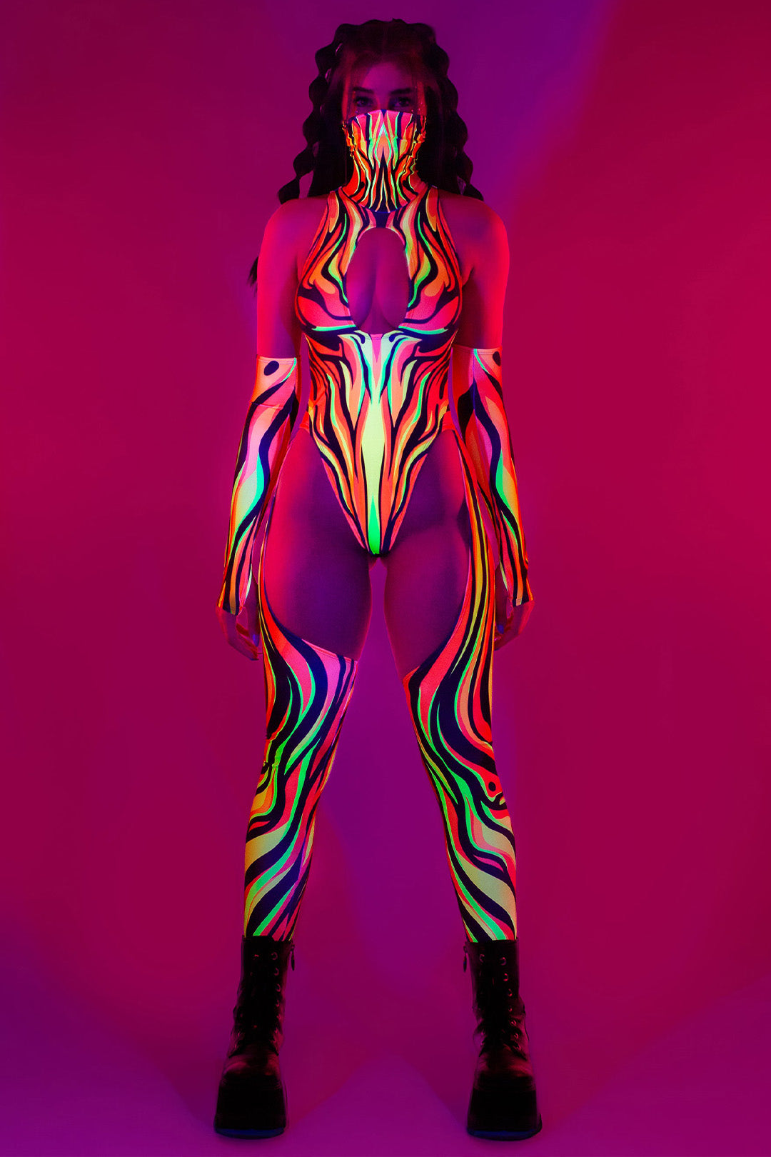 uv-reactive printed mesh catsuit with high-hip design and keyhole cutout