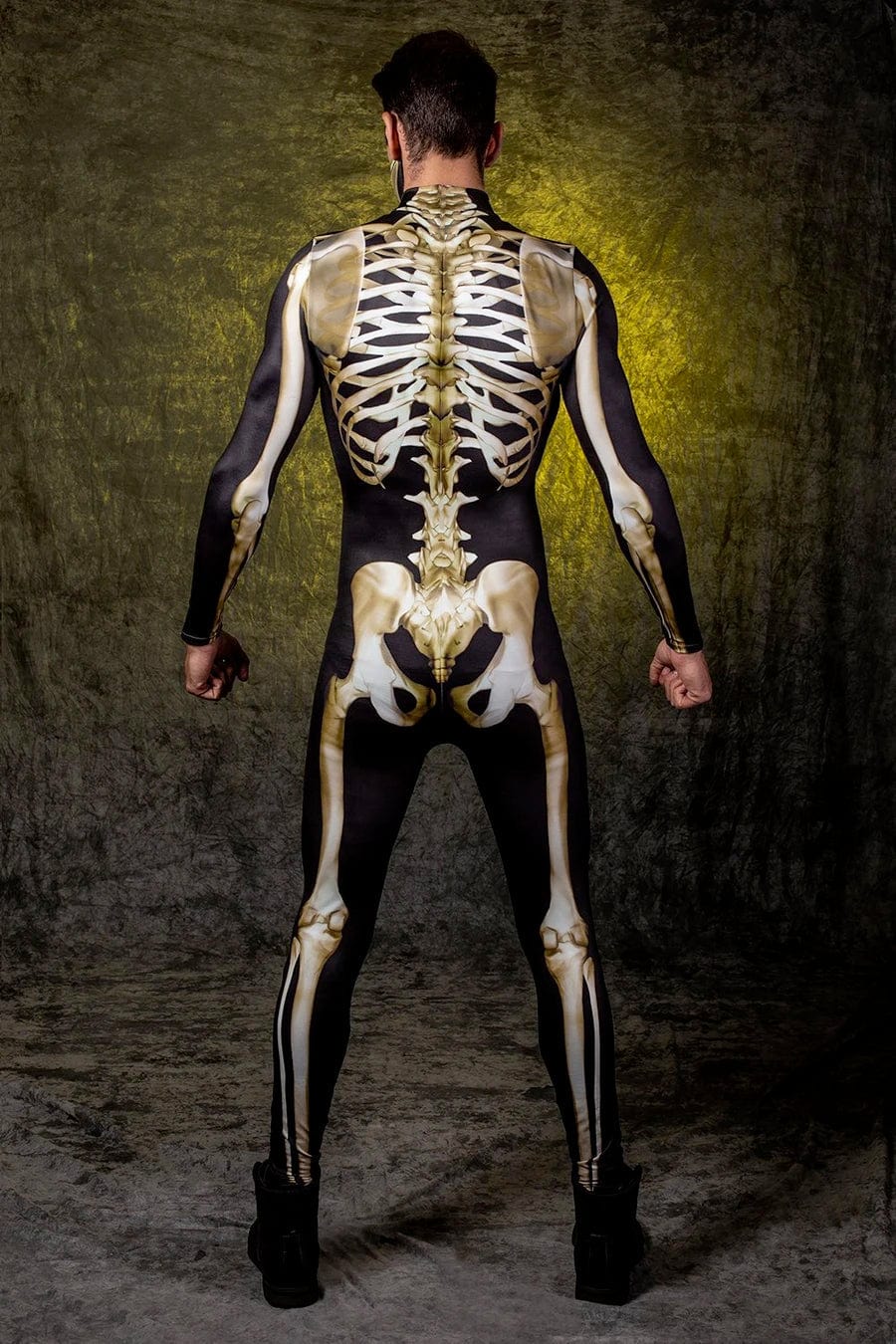 BADINKA black and gold skeleton costume for Halloween, UV-reactive X-ray bone print; men's design; back view