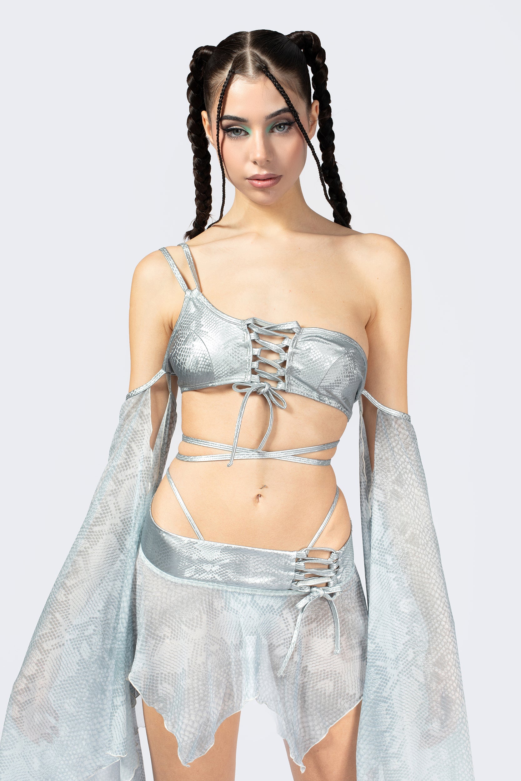 BADINKA Hard To Get Lace Up Asymmetric Skirt Set Mesh, spandex