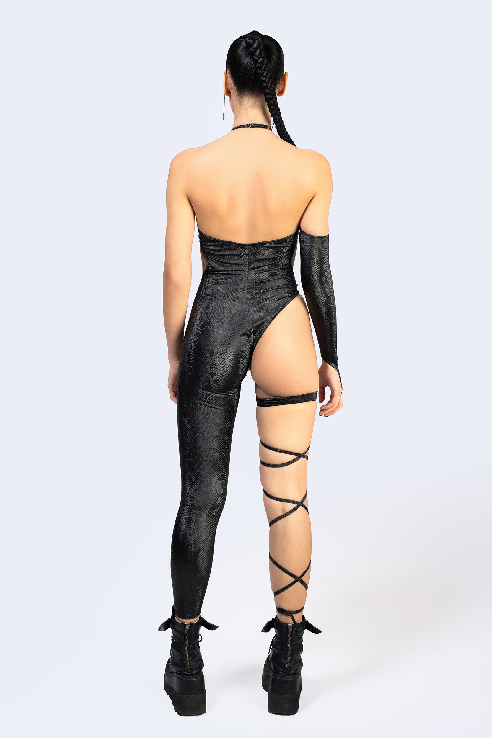 BADINKA Predator Skin Cheeky Asymmetric Catsuit Spandex