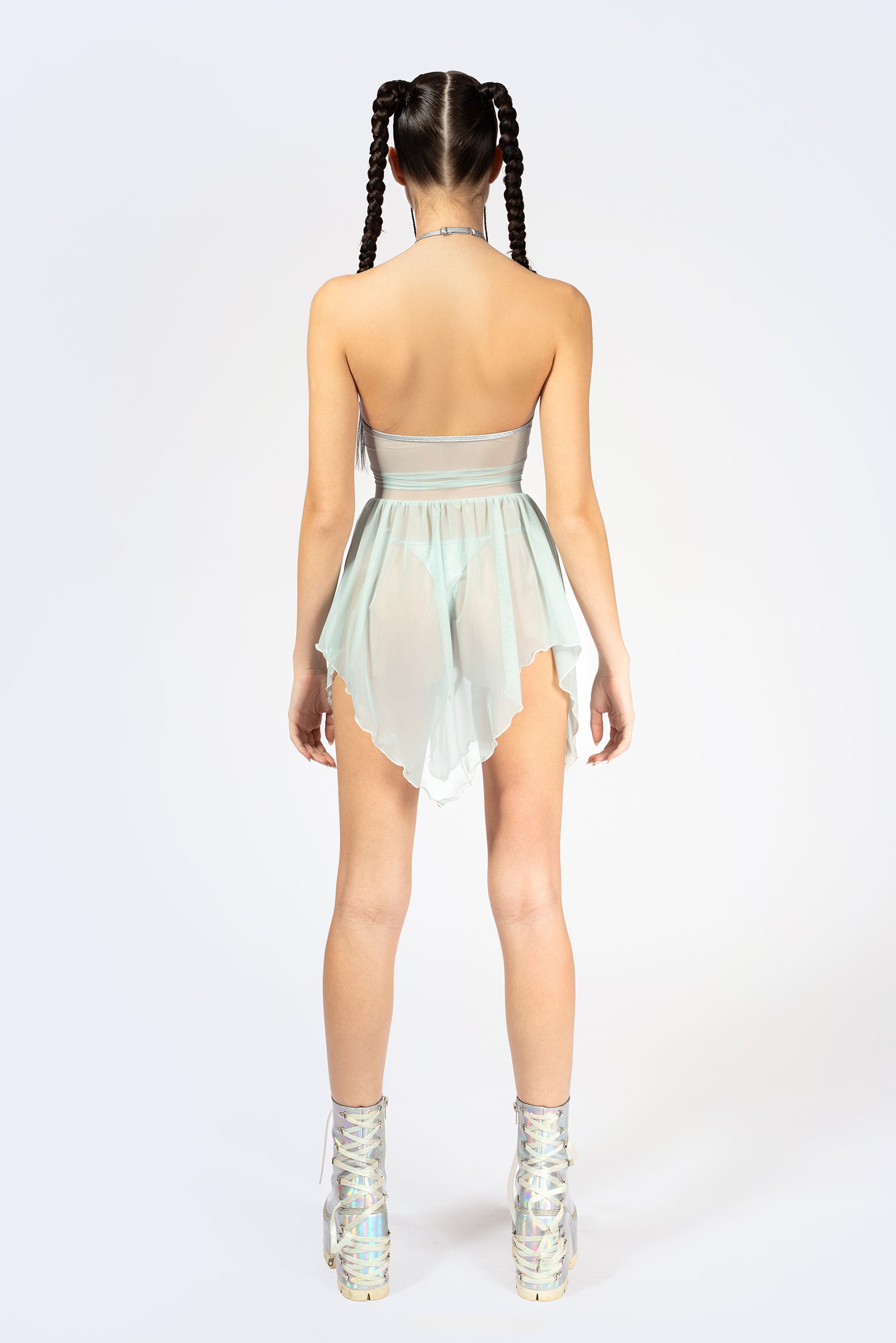 BADINKA Double Take Lace Up Mini Dress Mesh