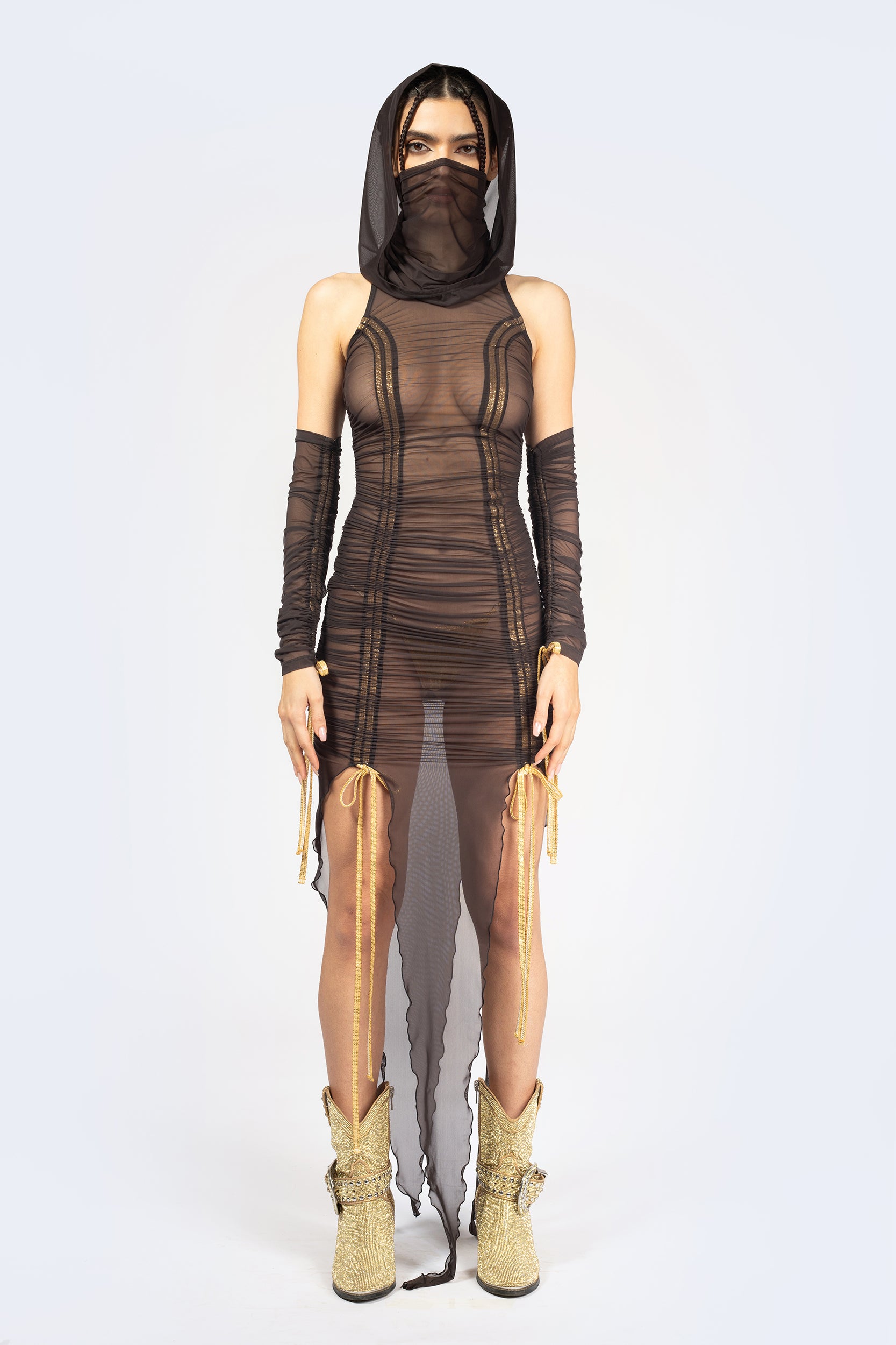 BADINKA Sweet Afterburn Ruched Dress and Hood Mesh