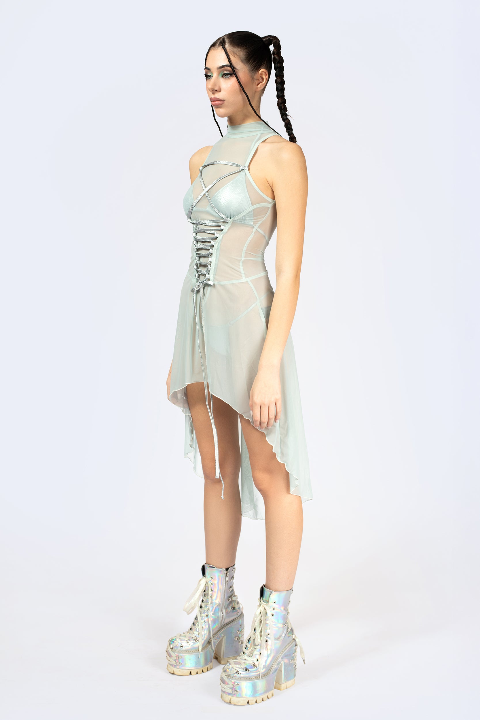Double Take Lace Up Bodice Dress, L - Badinka Rave Outfits for Women, Mesh Dress Double Take Lace Up Bodice Dress, L - Badinka Rave Outfits for Women, Mesh Dress