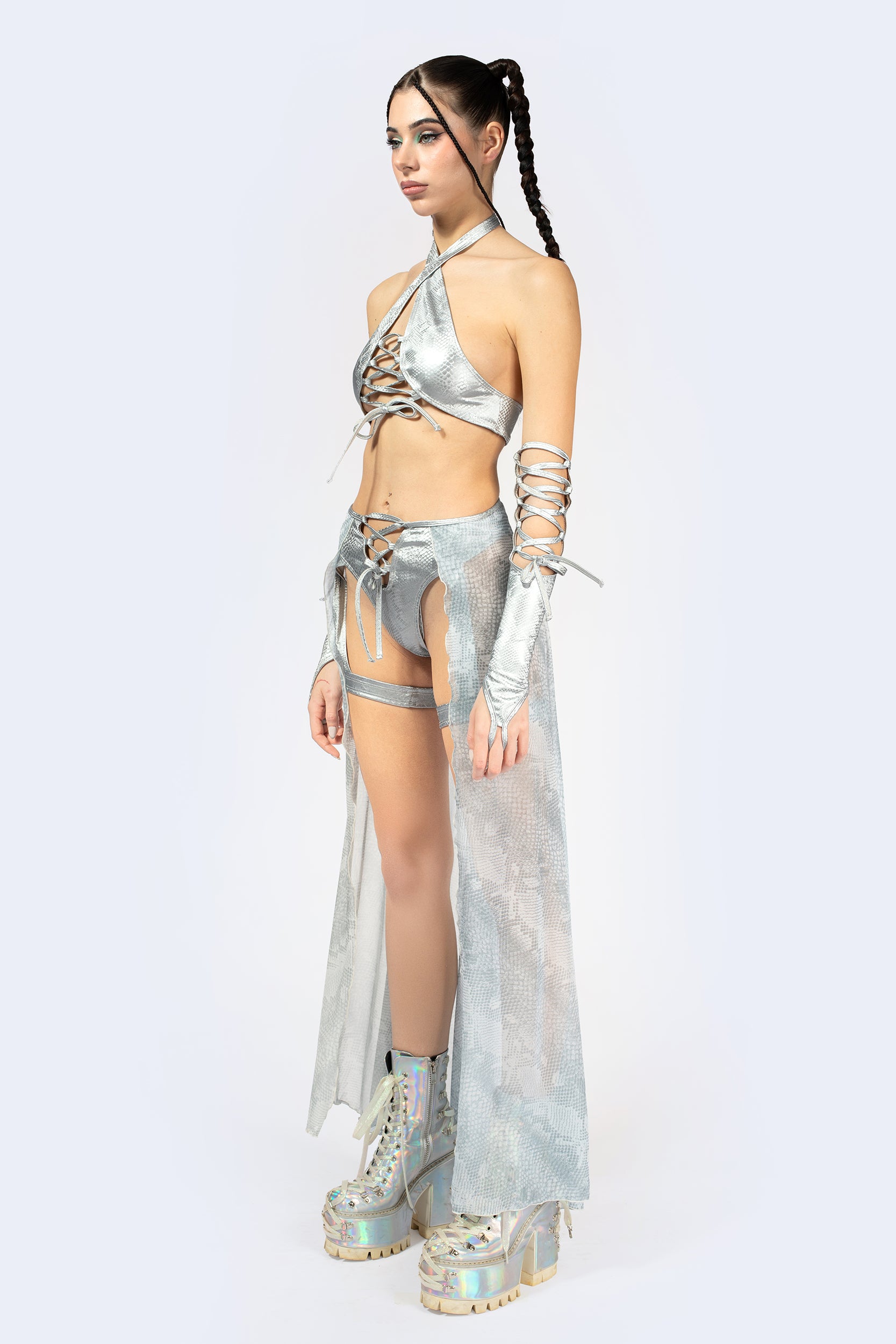 BADINKA Hard To Get Lace Up Top and Shorts With Train Set Silver