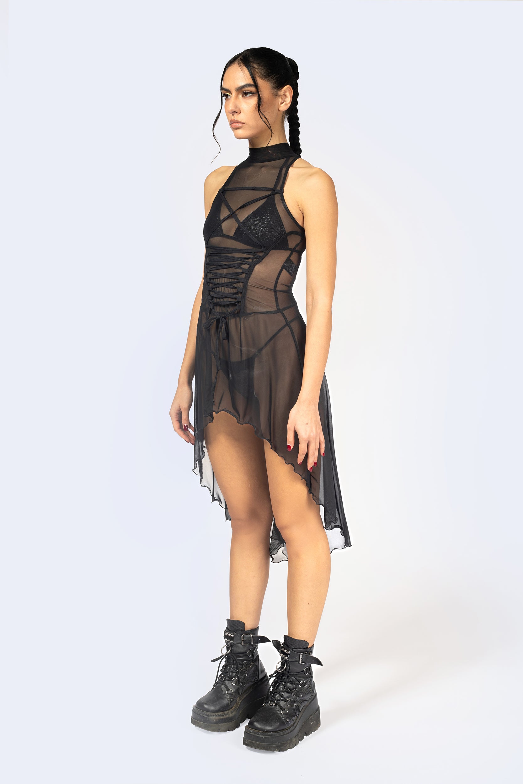 BADINKA Message Received Lace Up Bodice Dress Mesh