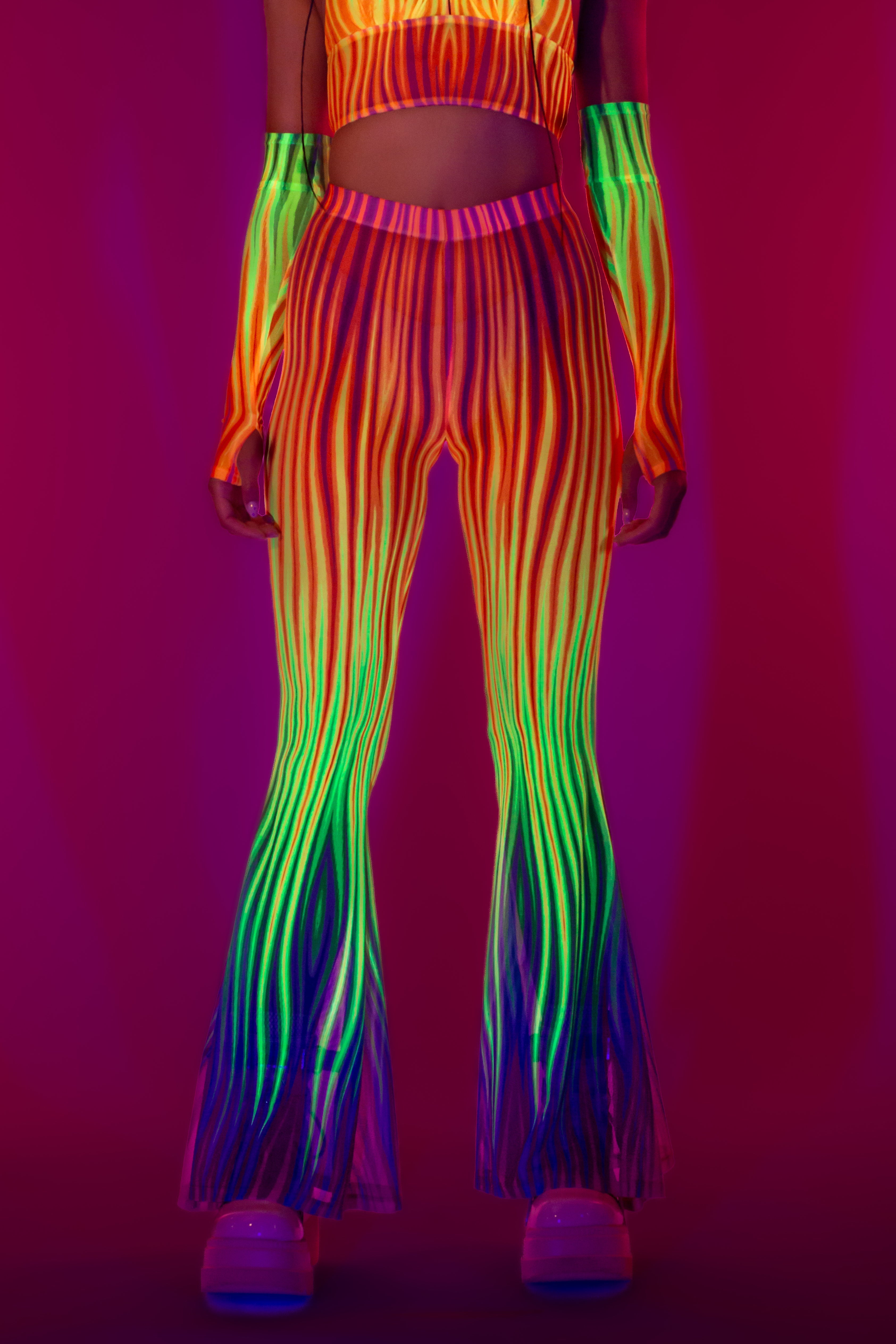 Neon Rainbow Pattern Rave Neon Rainbow Flame Bell Bottom Mesh Pants - BADINKA