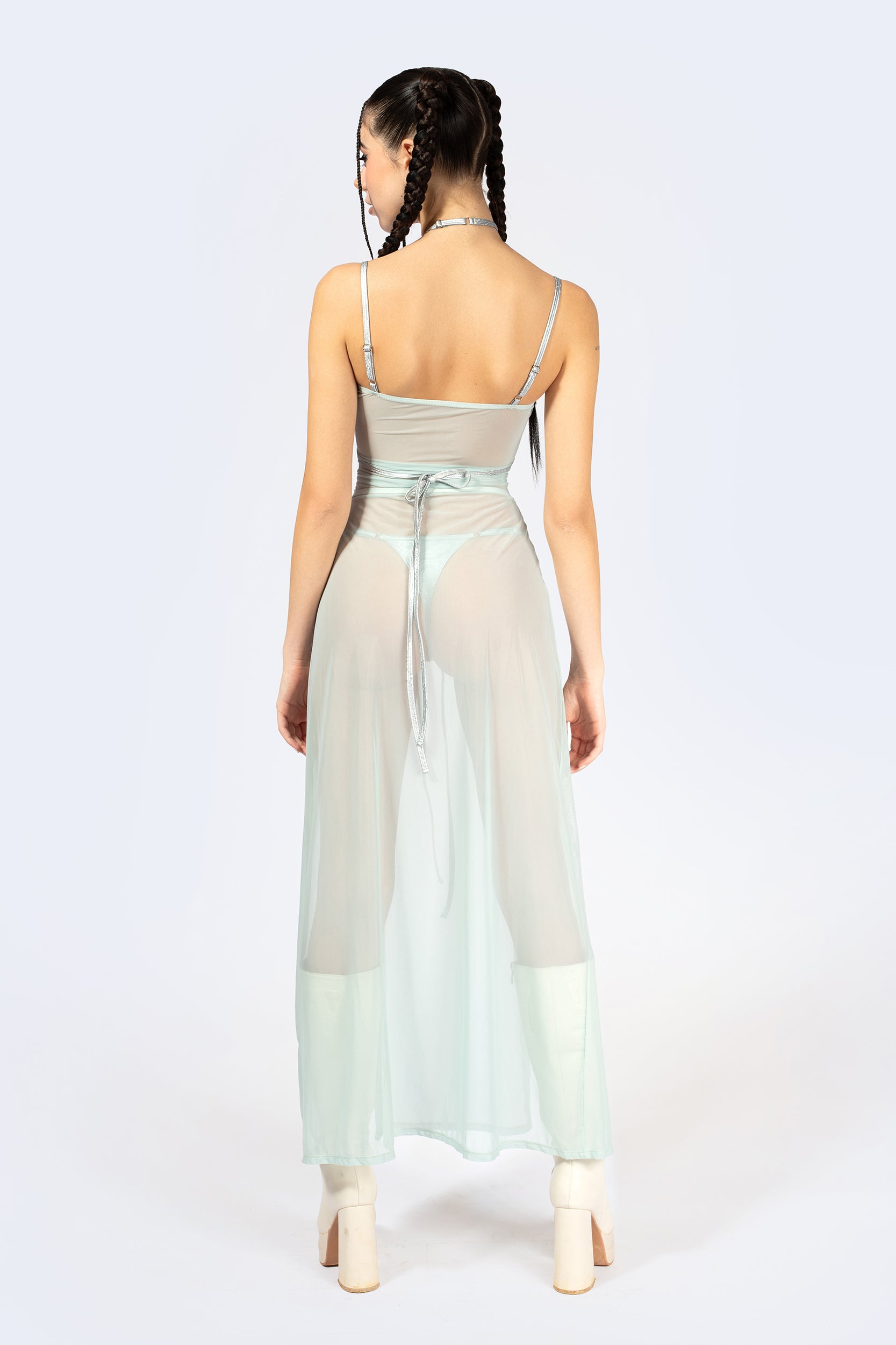 BADINKA Double Take Lace Up Slit Dress Flowy, halter-neck, keyhole, lace-up