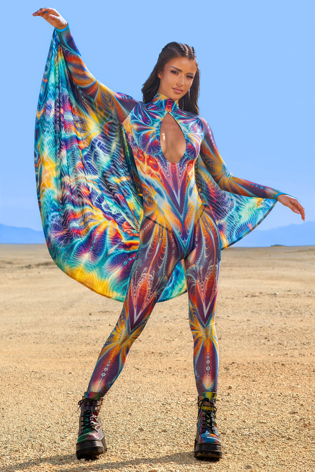 a winged catsuit in rainbow colors
