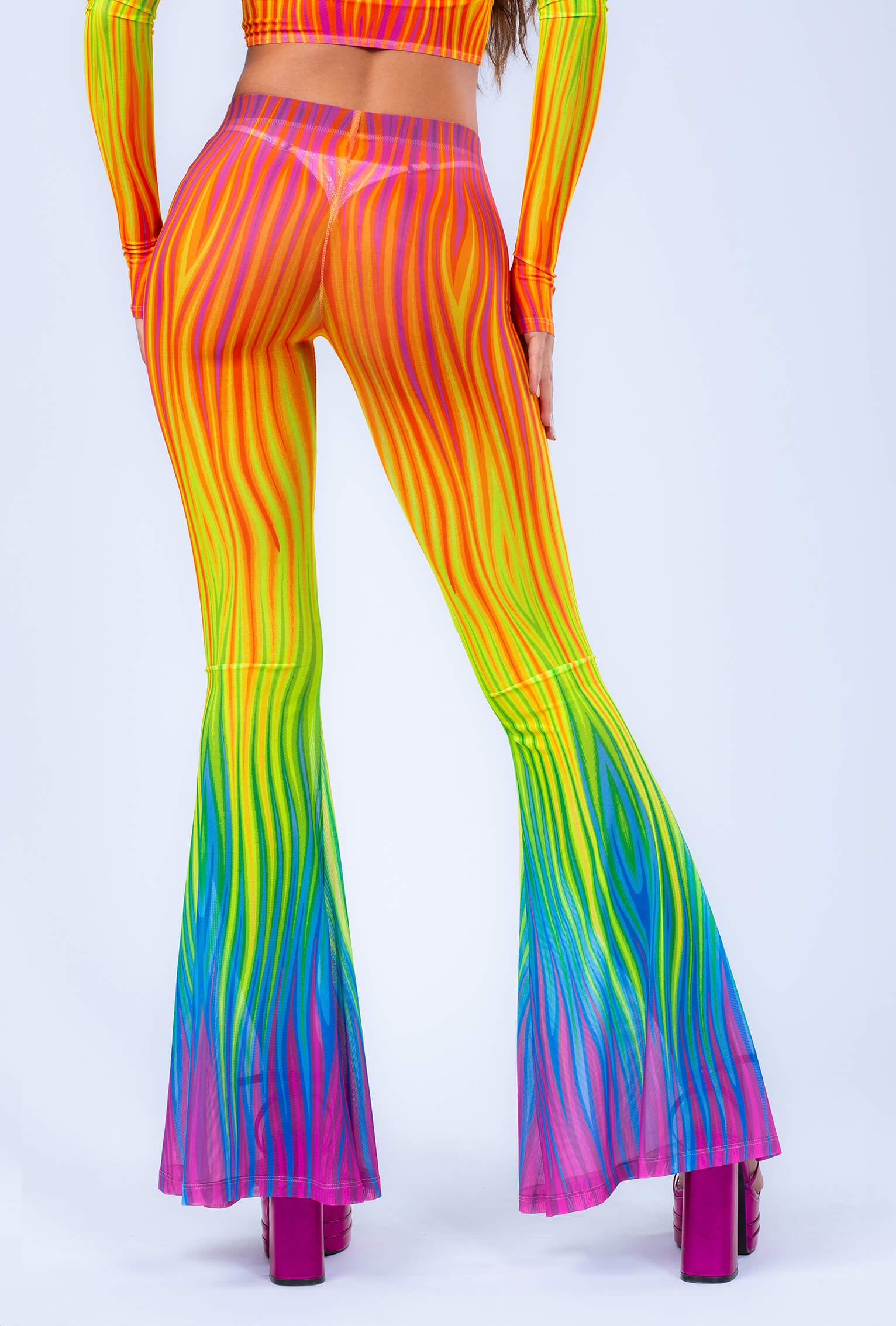 Neon Rainbow Flame Bell Bottom Mesh Pants