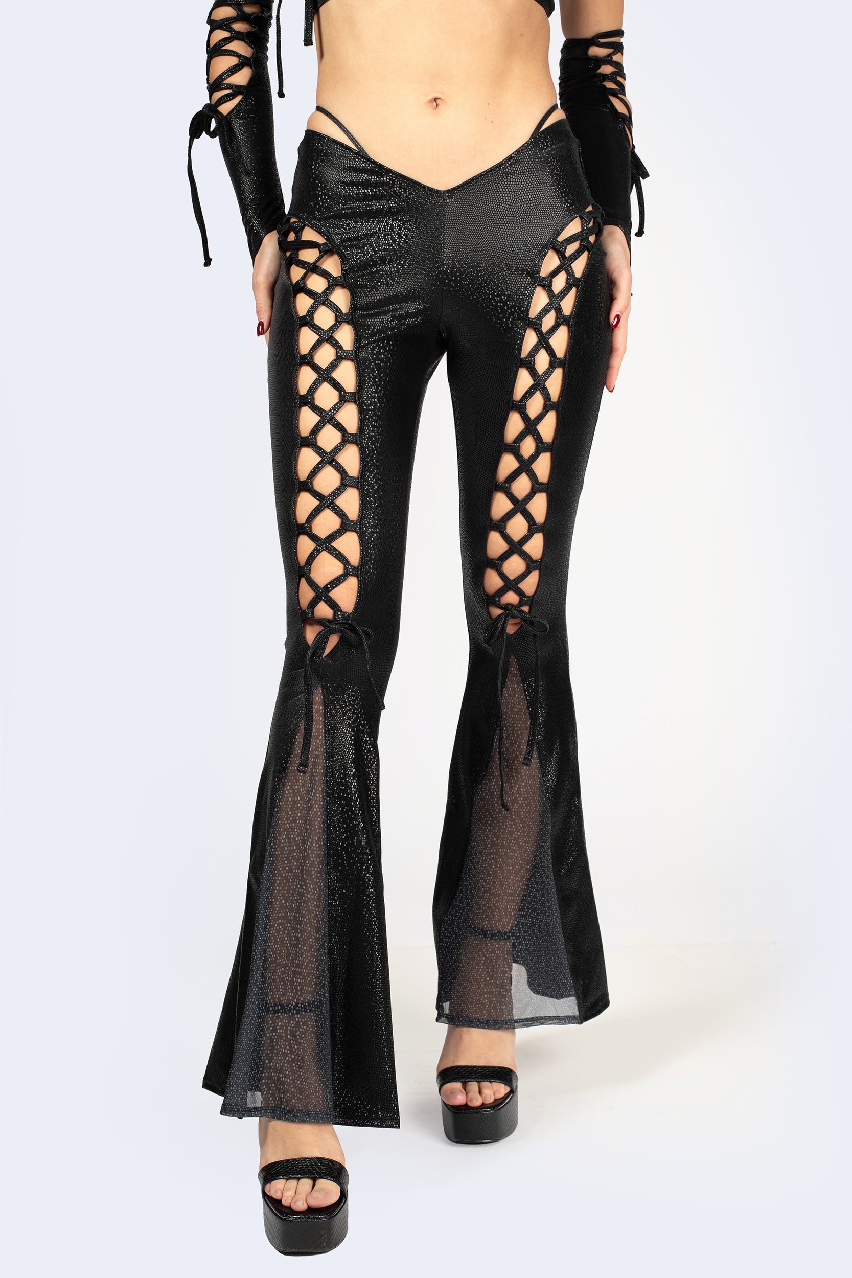 BADINKA Bite Back Lace Up One Shoulder Top and Pants Set Asymmetric, bell-bottoms