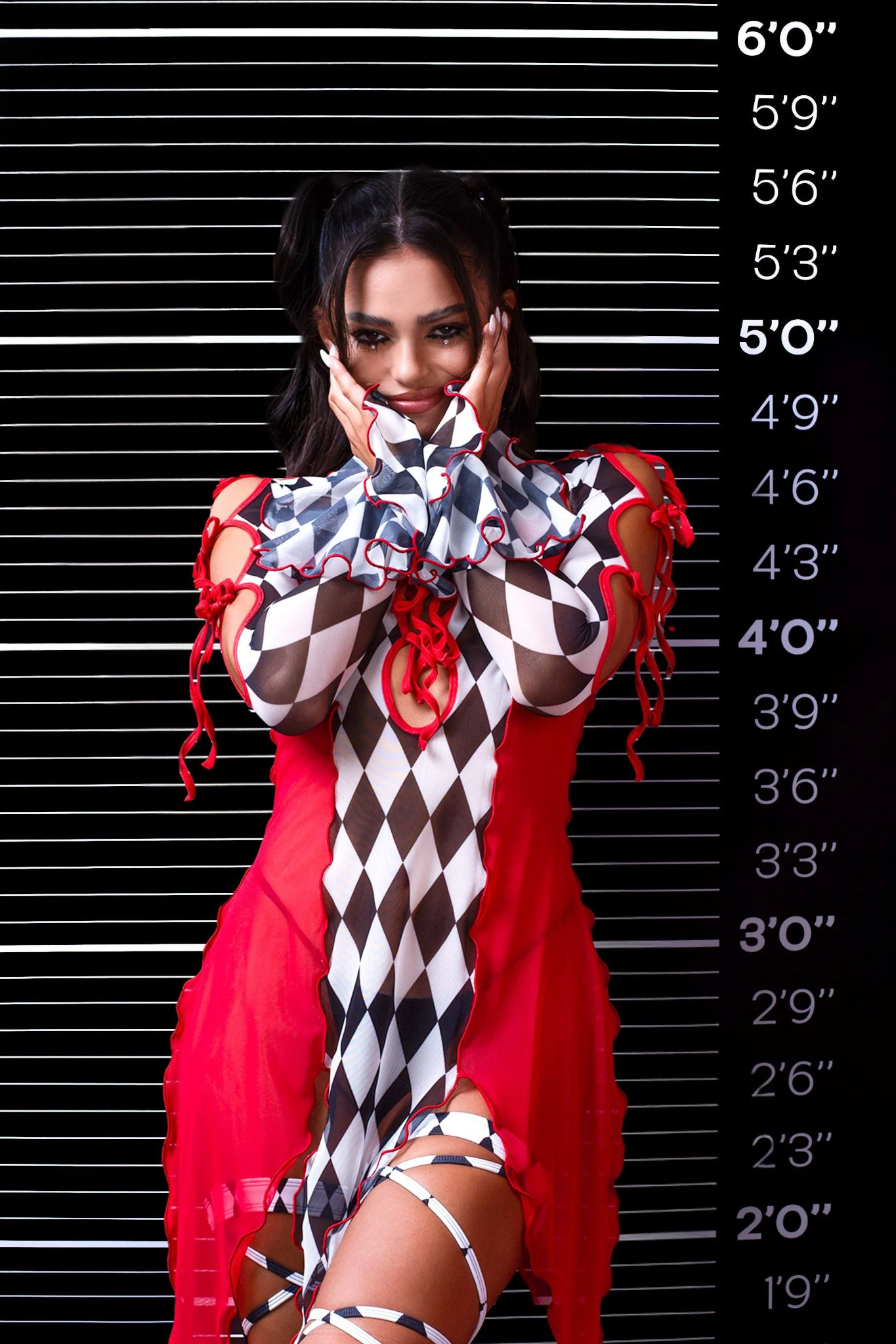 sexy clown Halloween costume in red, black, and white