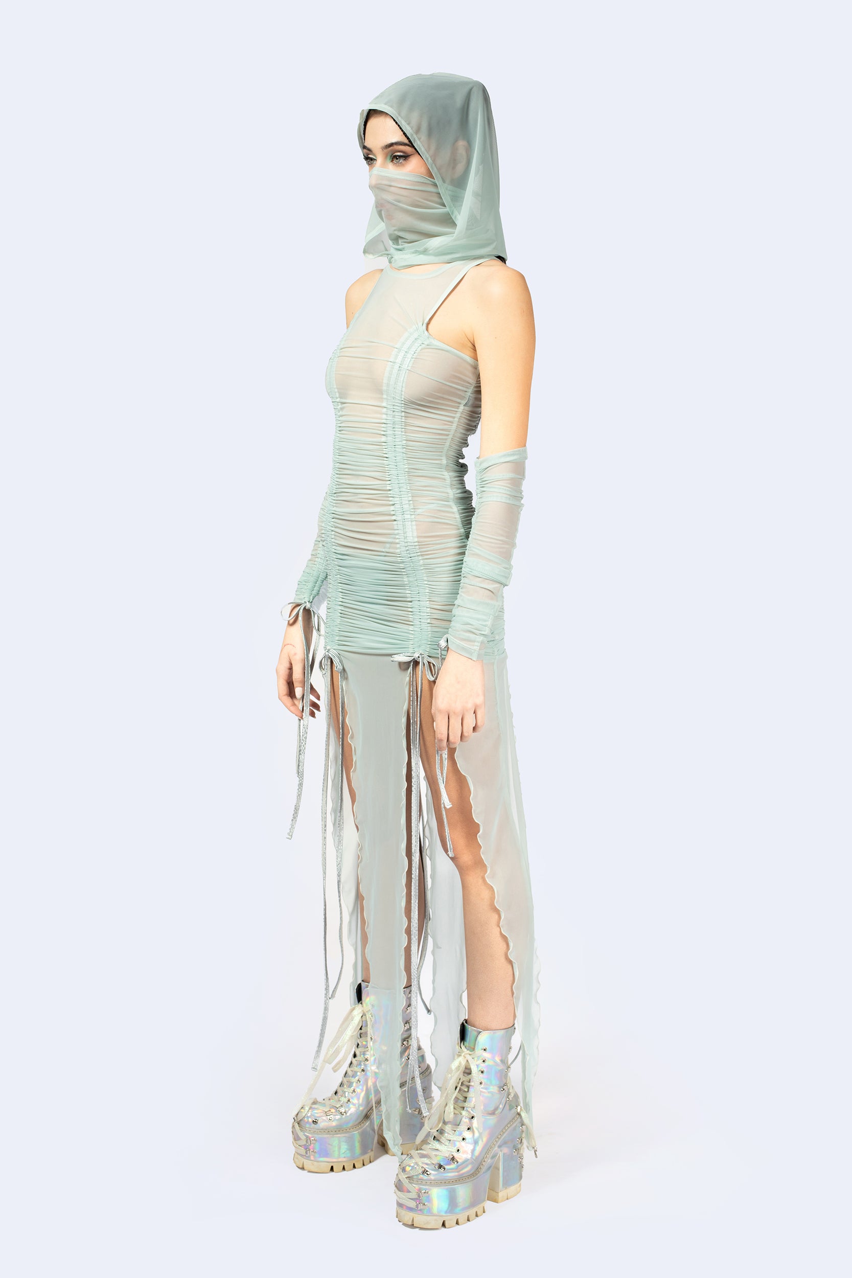 BADINKA Double Take Ruched Dress and Hood Flowy