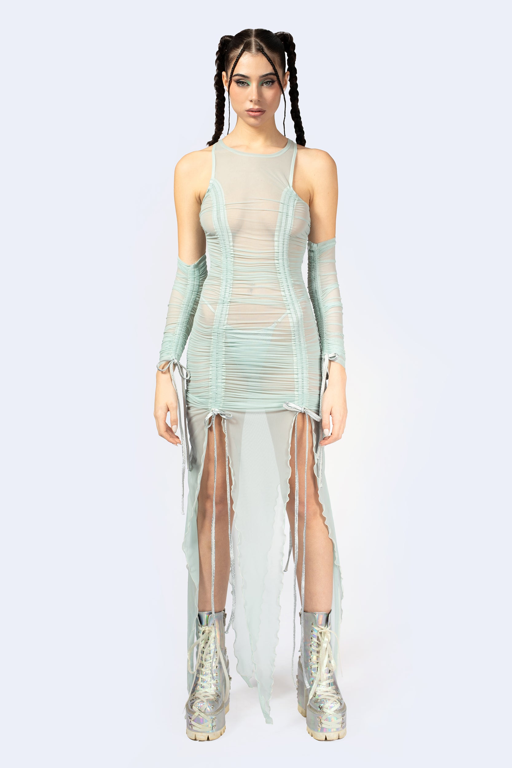 BADINKA Double Take Ruched Dress and Hood Fairy