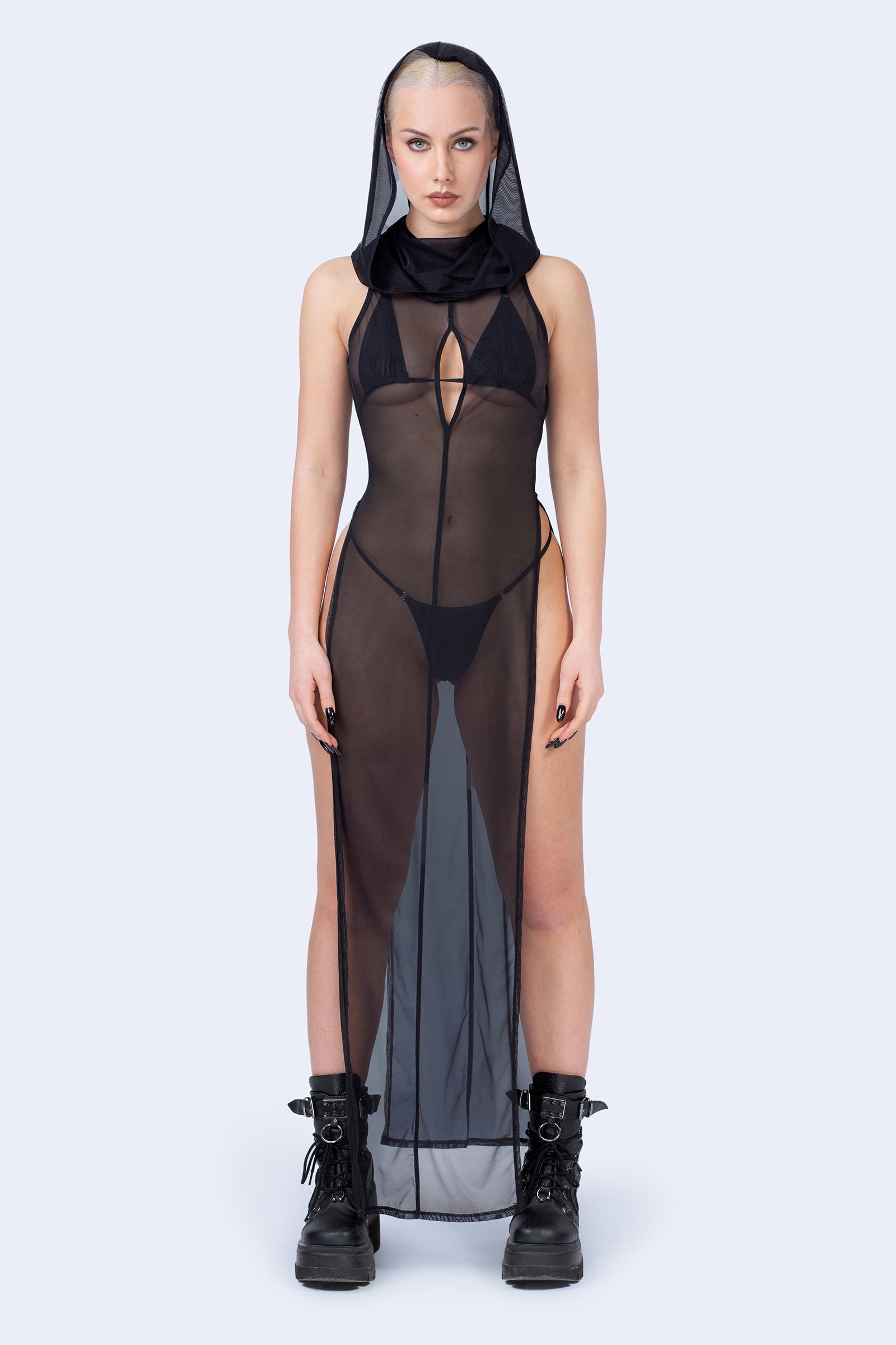 Women Black Hooded High Slit Dress for Raves and Clubbing