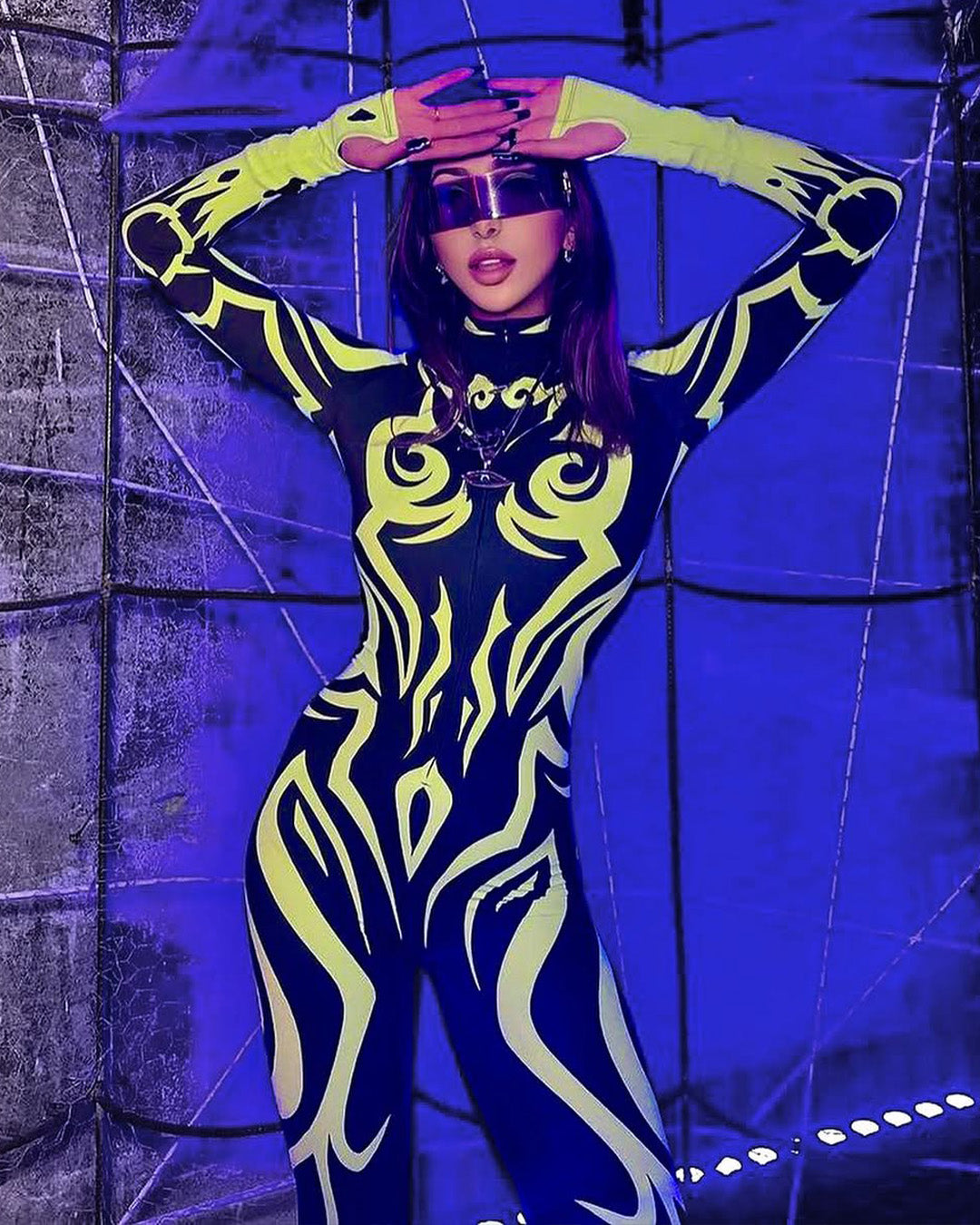 woman in a feminine full-body costume at a rave festival