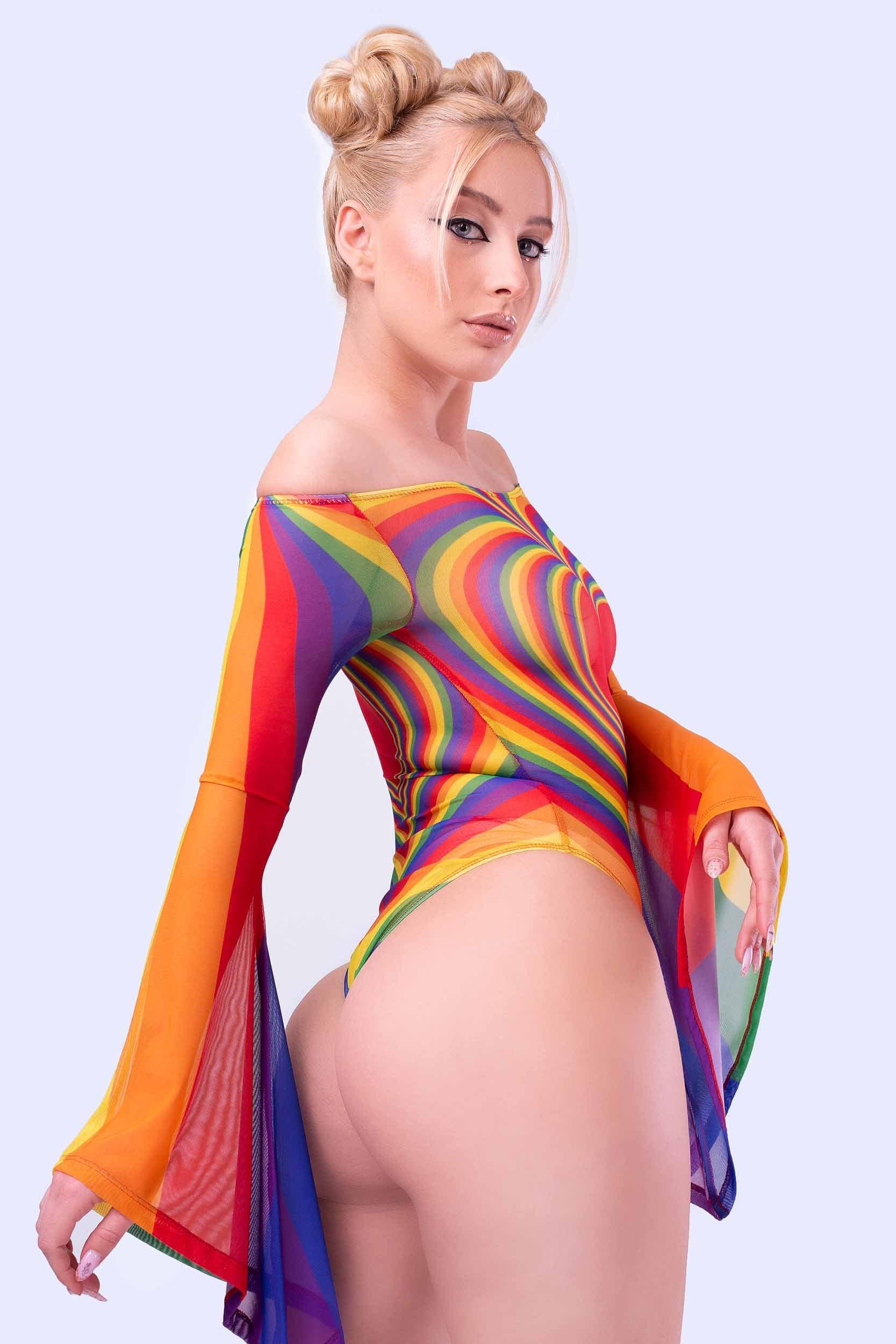 Prism Feel Bell sleeve Mesh Bodysuit - BADINKA