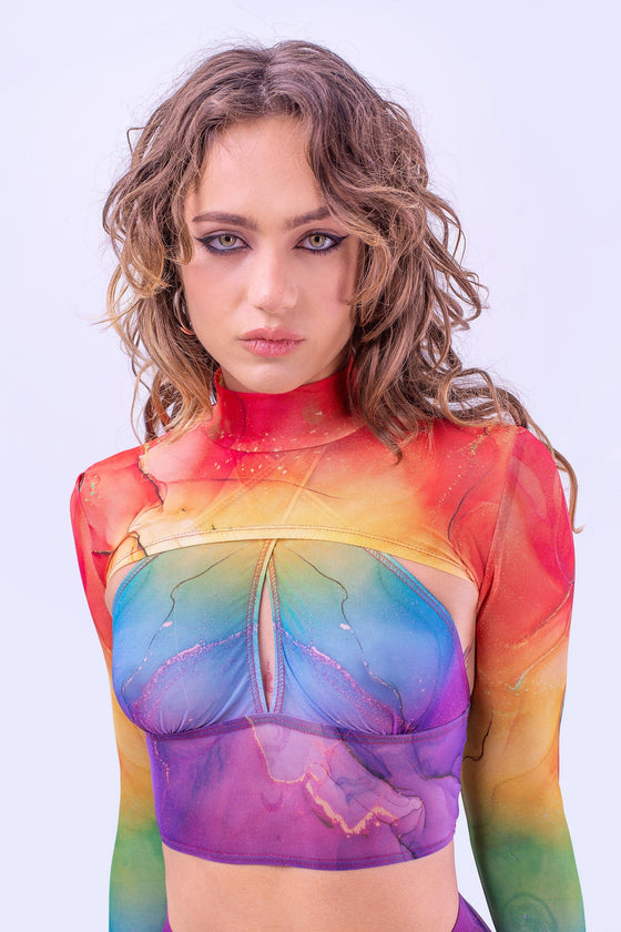 Rainbow Marble Sleeved Crossed Mesh Top