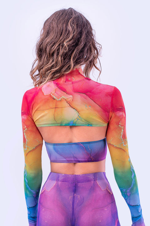 Rainbow Marble Sleeved Crossed Mesh Top