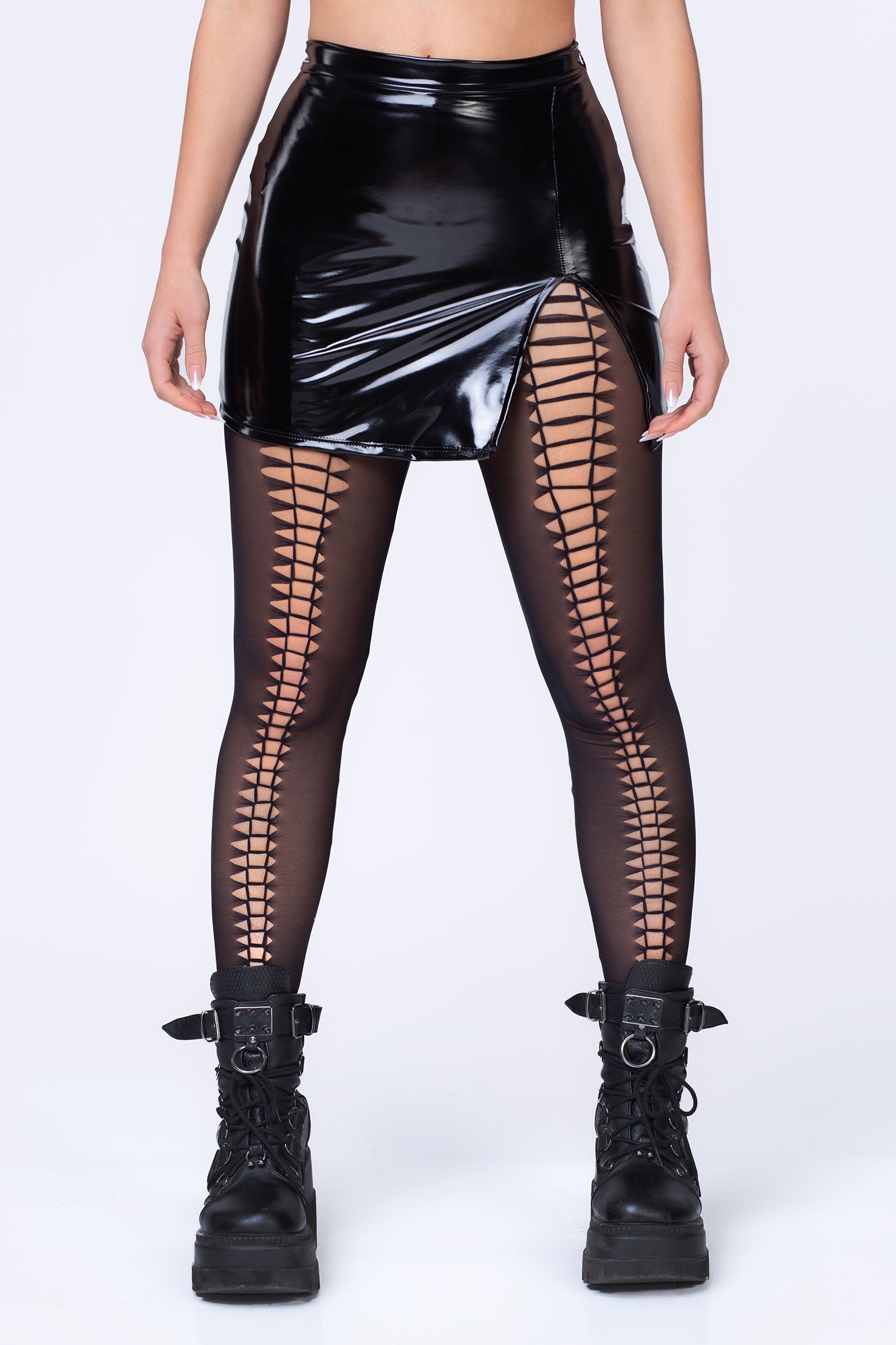 BADINKA black vinyl mesh technoset haltertop withzipper highslit miniskirt knotleggings forwomen 5