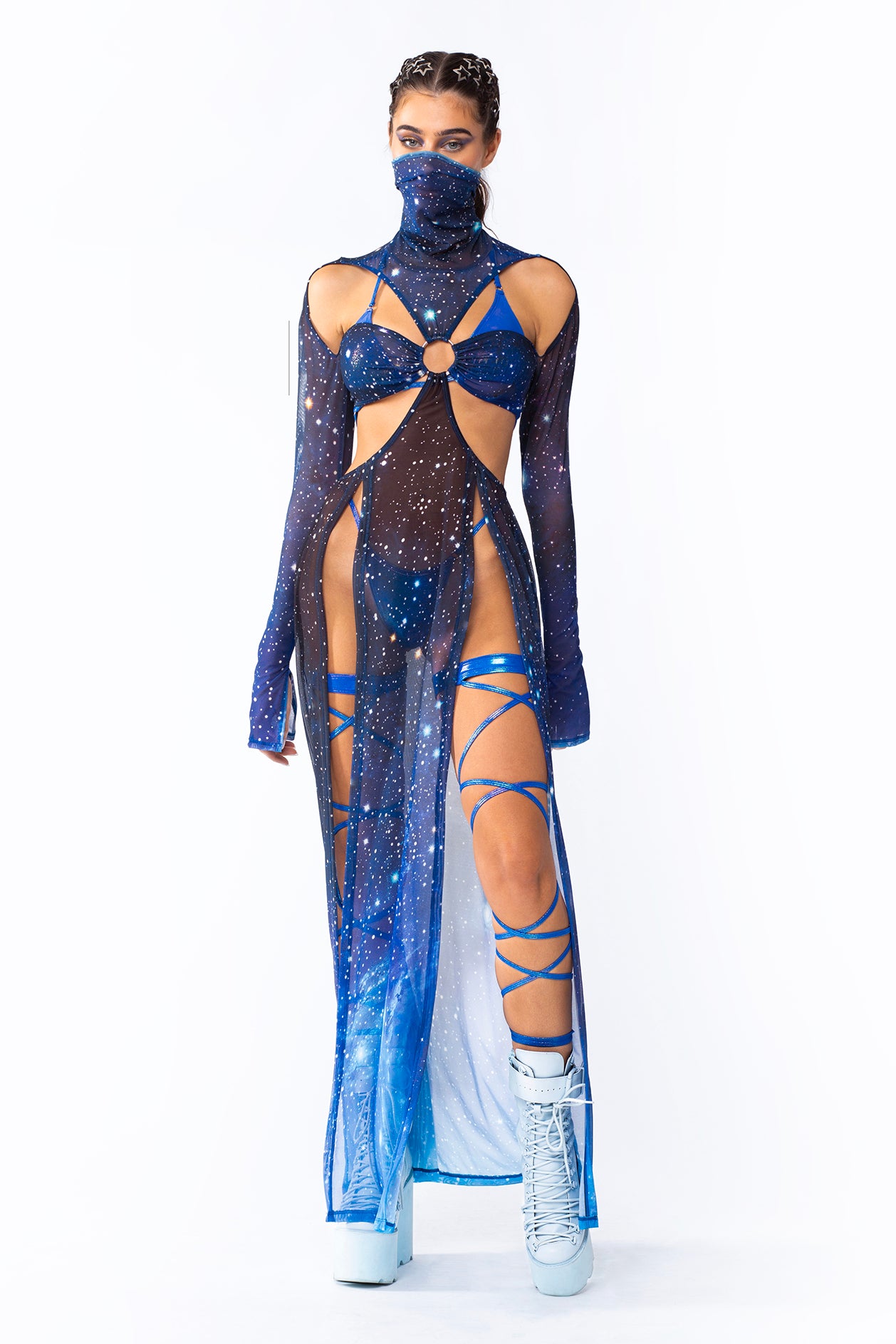 BADINKA halloween costume for women o ring high slit dress mesh blue celestial galaxy dress 3