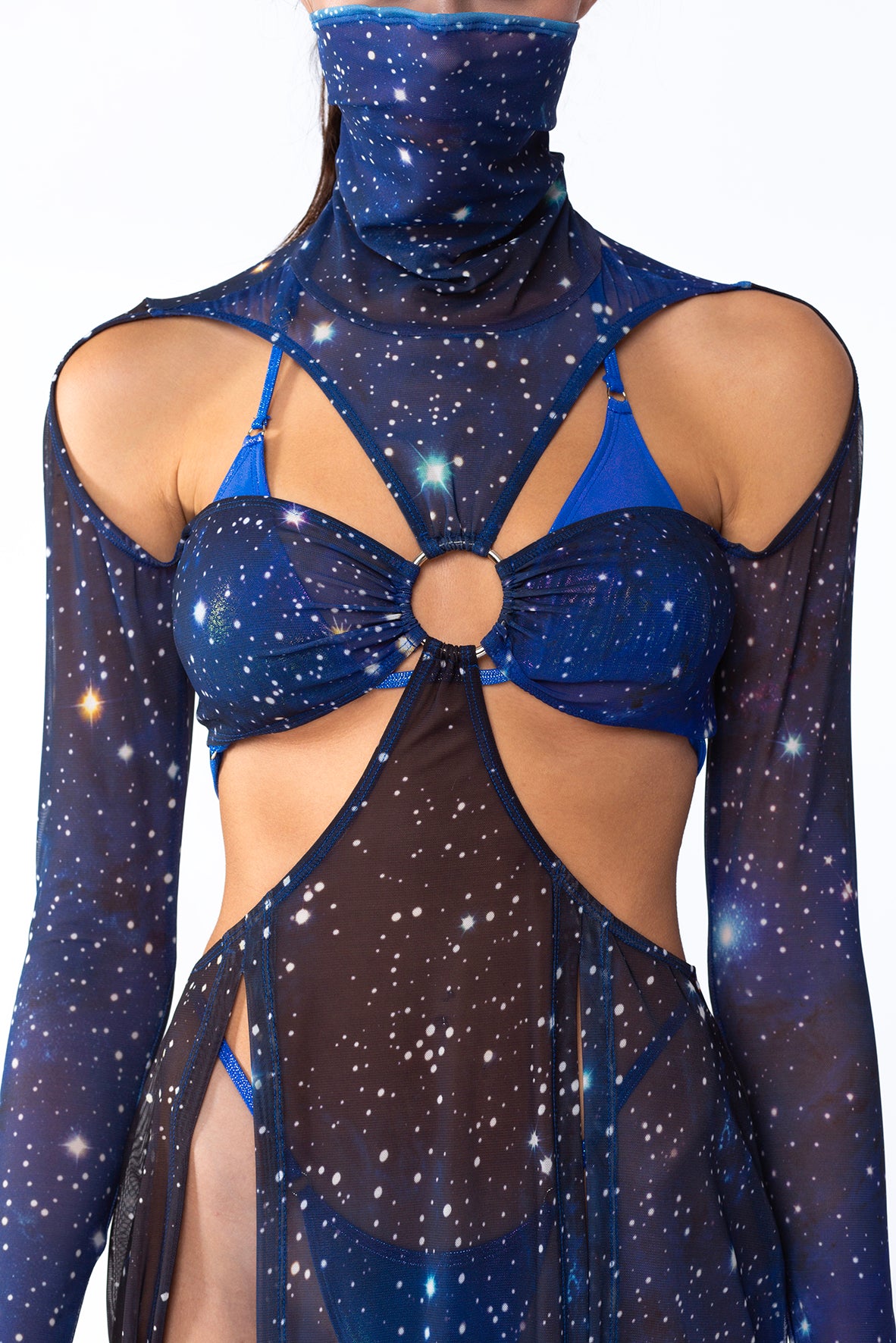 BADINKA halloween costume for women o ring high slit dress mesh blue celestial galaxy dress 5