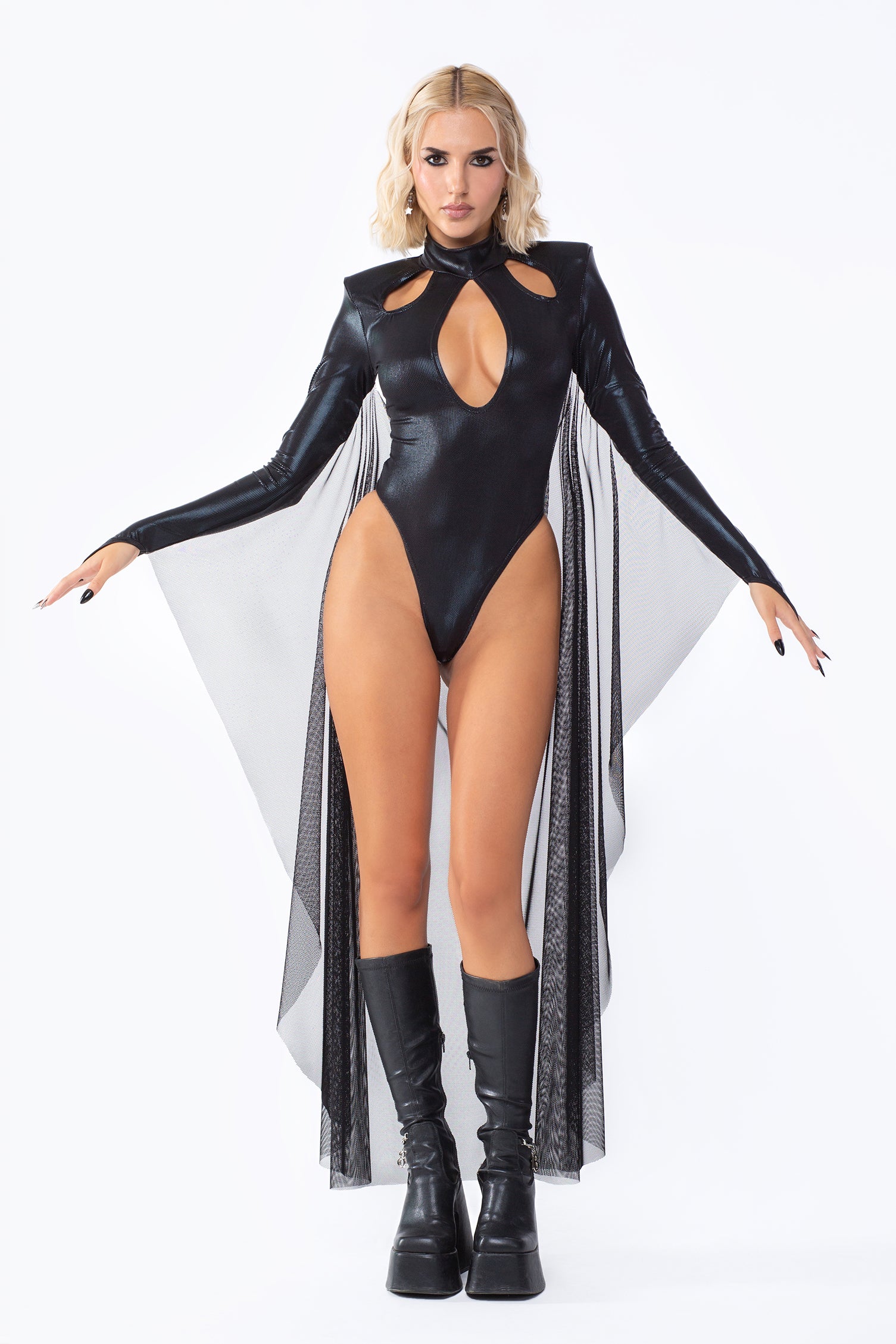 BADINKA halloween costume witch costume mesh cape bodysuit long sleeves keyhole for women 3