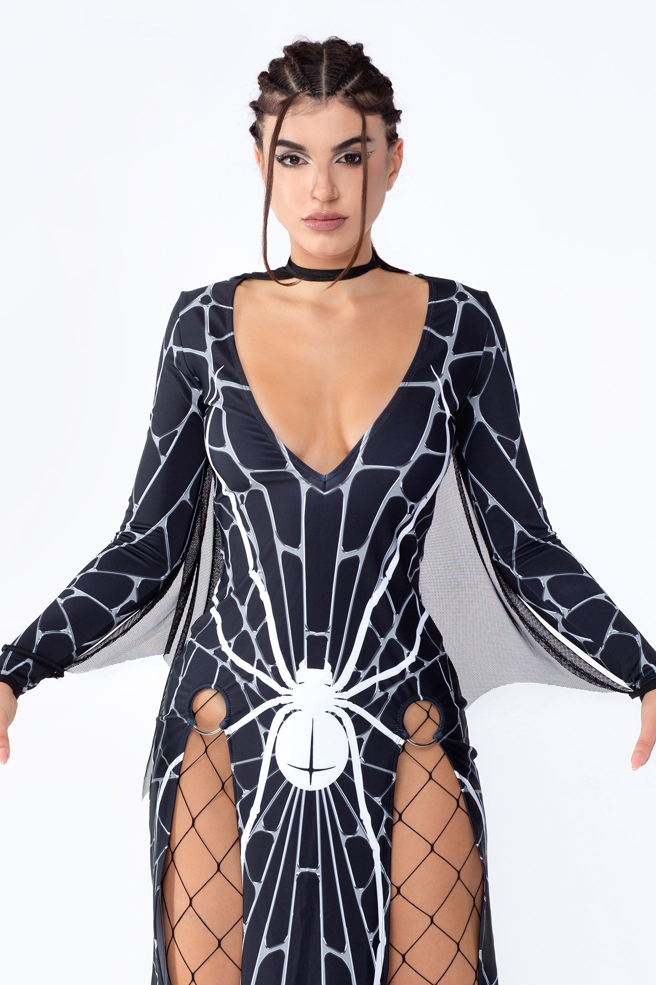 BADINKA halloween costume witch dress plunging neckline high slit dress web print spider print 1