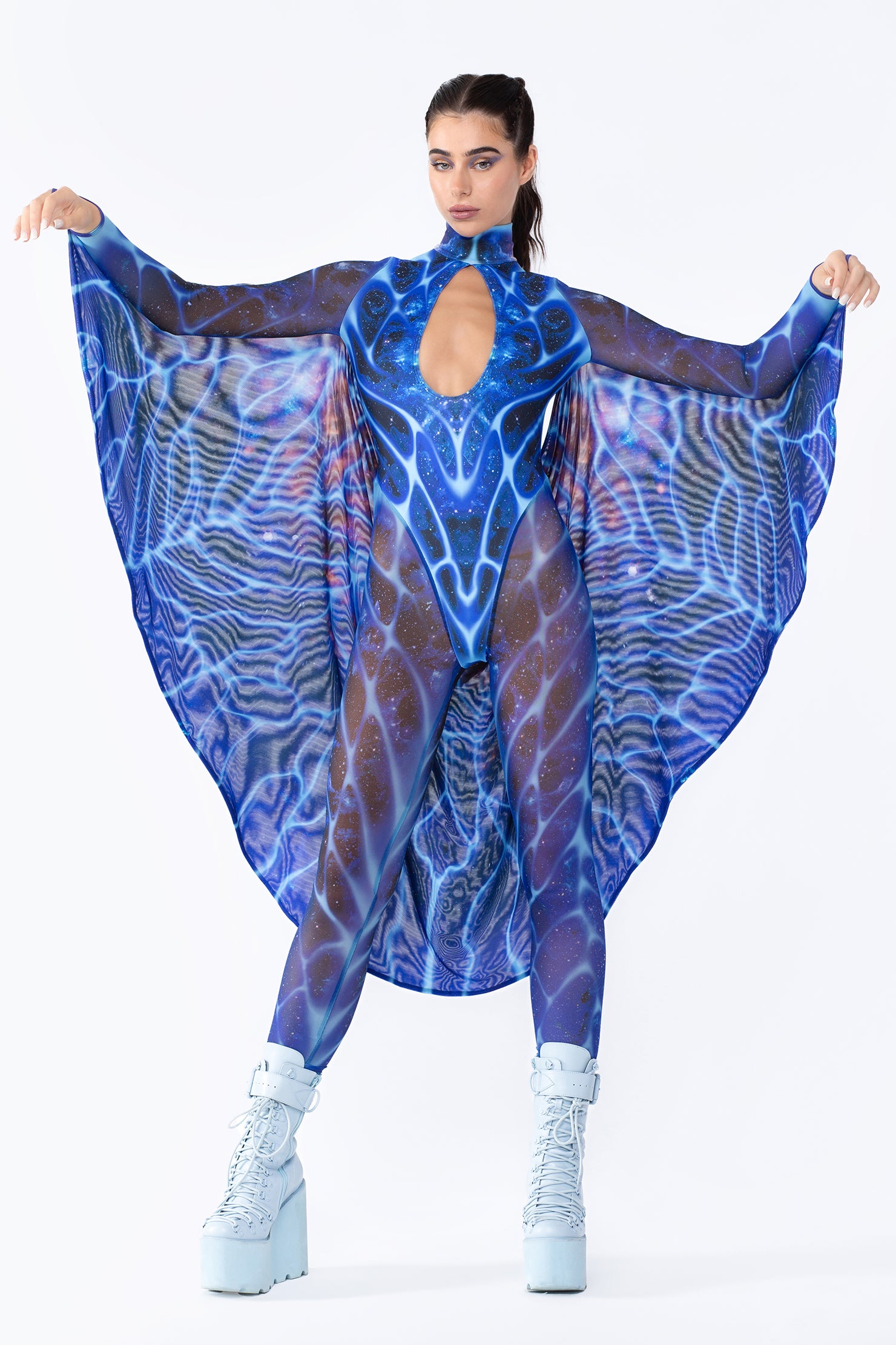 BADINKA halloween costume with cape bare back celestial galaxy mesh catsuit for women 1