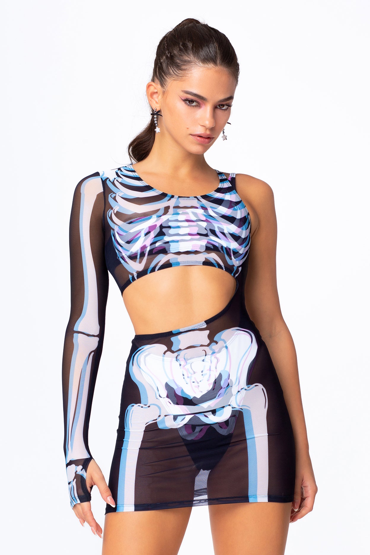 BADINKA halloweencostume skeletondress mesh asymmetricdress oneshoulderdress minidress meshkeyhole pixelperfect 1