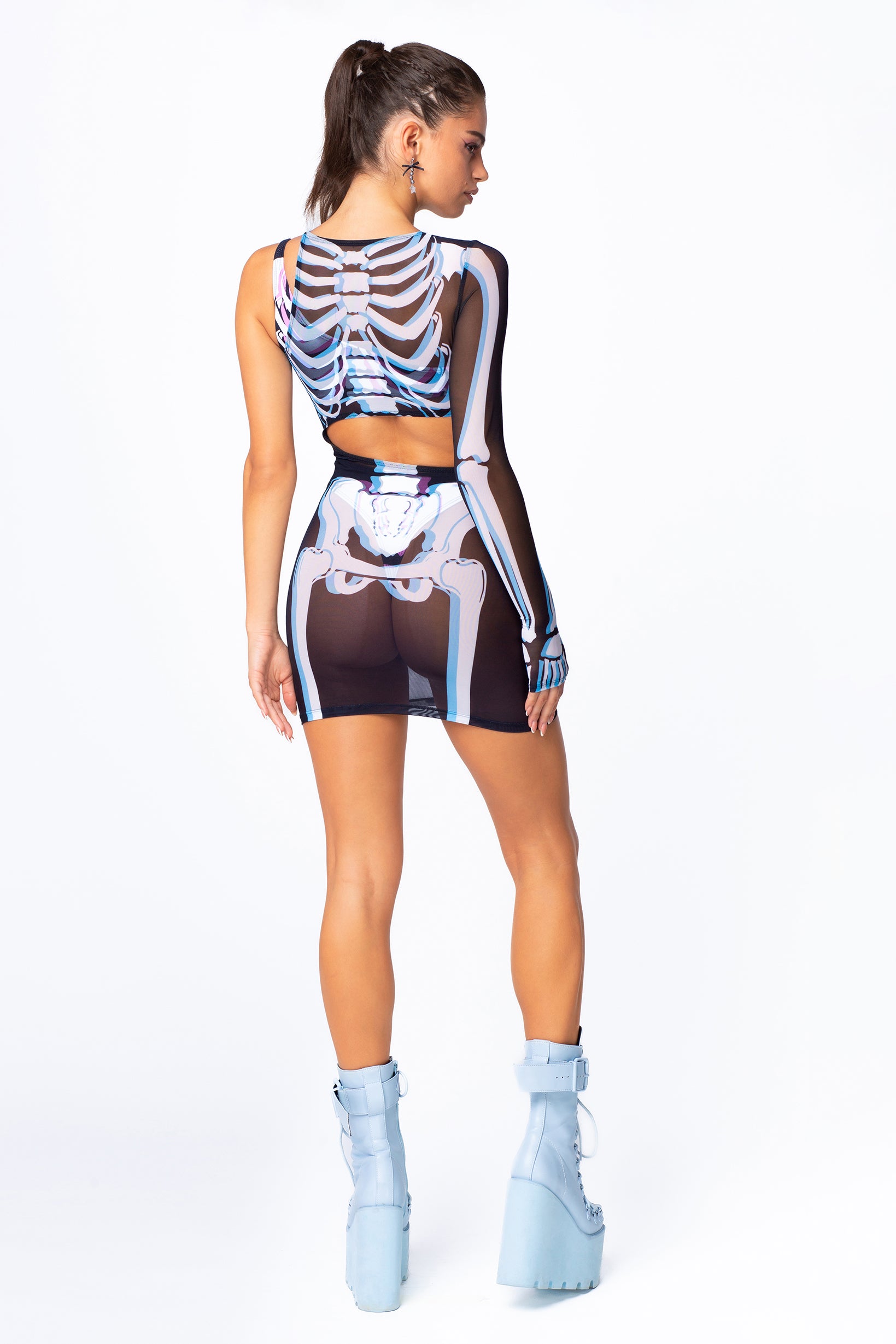 BADINKA halloweencostume skeletondress mesh asymmetricdress oneshoulderdress minidress meshkeyhole pixelperfect 4