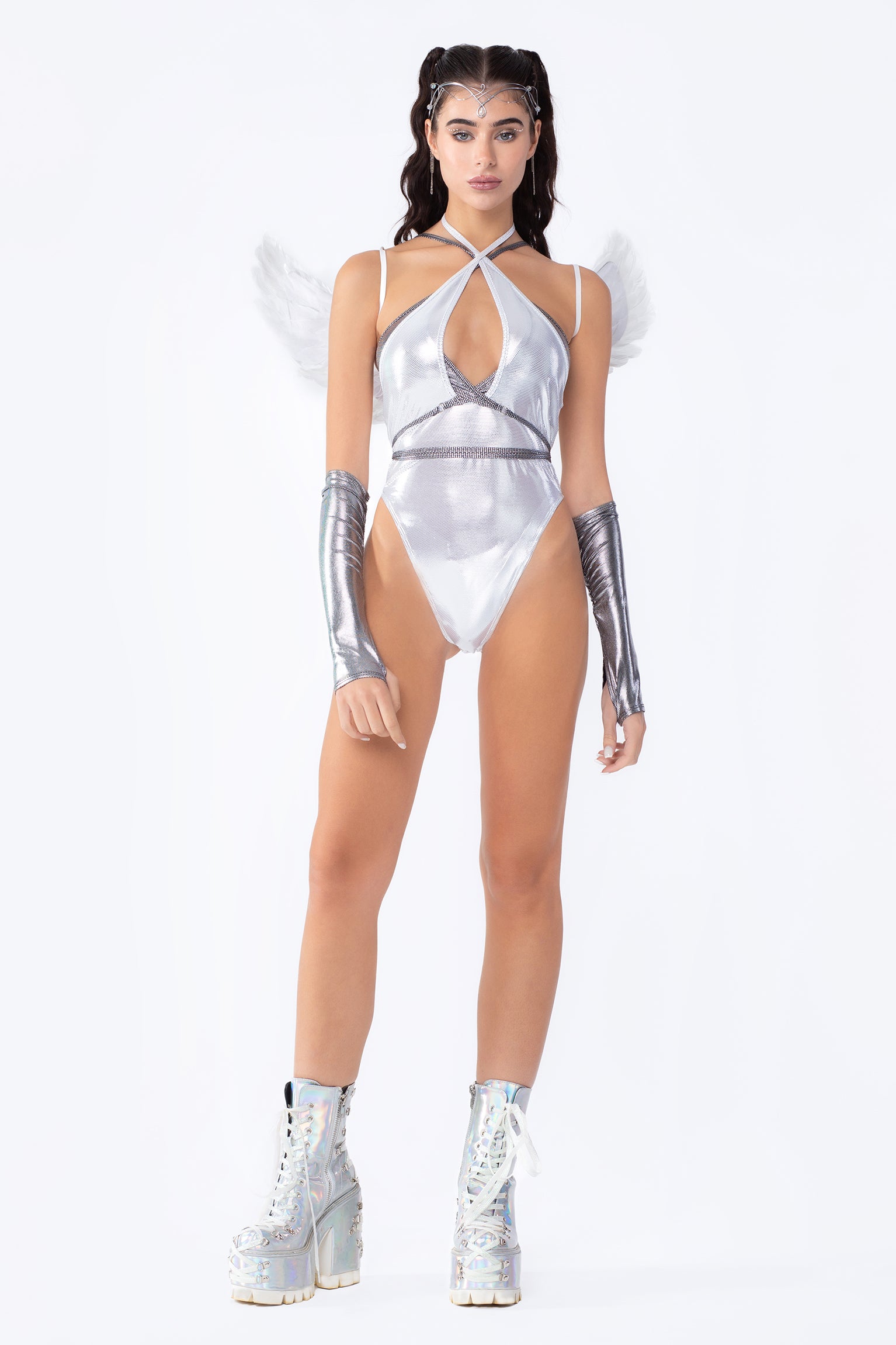 BADINKA sexy halloween angel costume silver fabric metalic fabric rave bodysuit set cloud nine for women 3