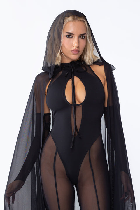 Lilith Mesh ärmelloser Overall + Kapuzen-Mesh-Cape