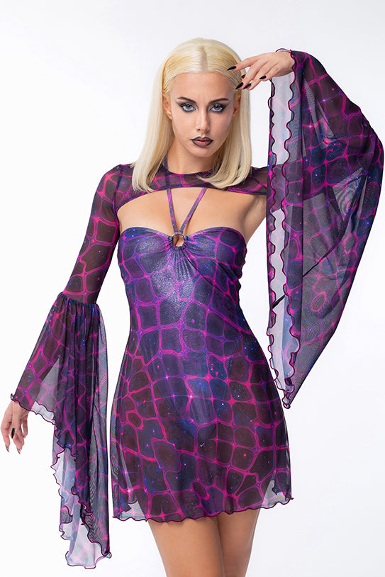 Women's Halloween Rave Festival Dress - Badinka Cosmic Witch Bodysuit Outlined Dress - Purple Mesh