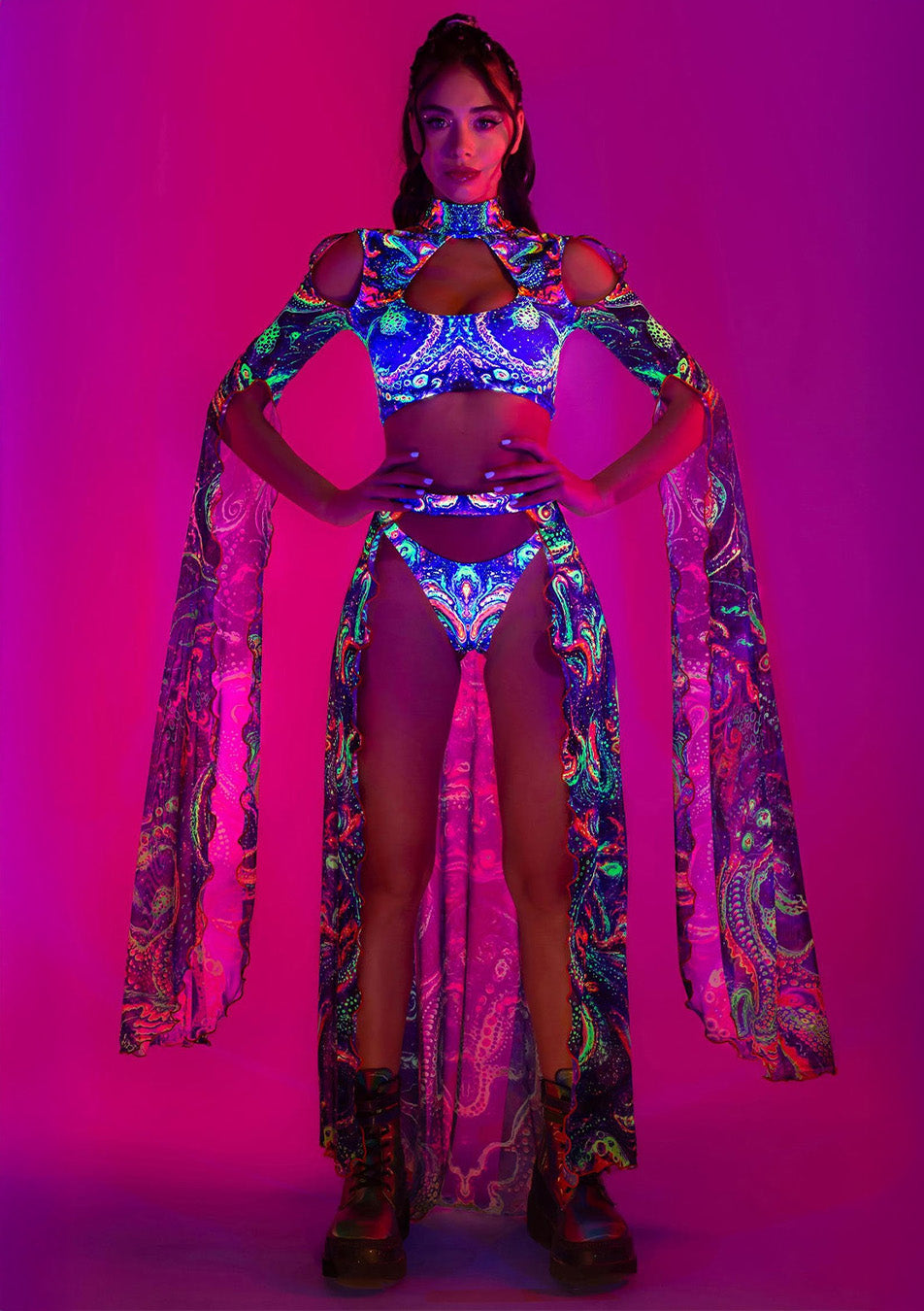 woman wearing a maxi sleeve set for Tomorrowland