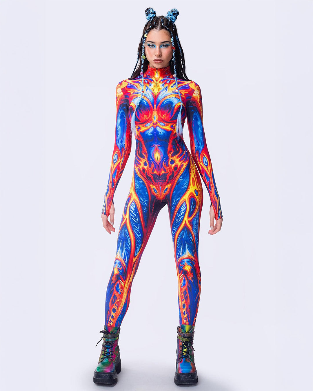 colorful full-body festival costume in blue, orange, and red