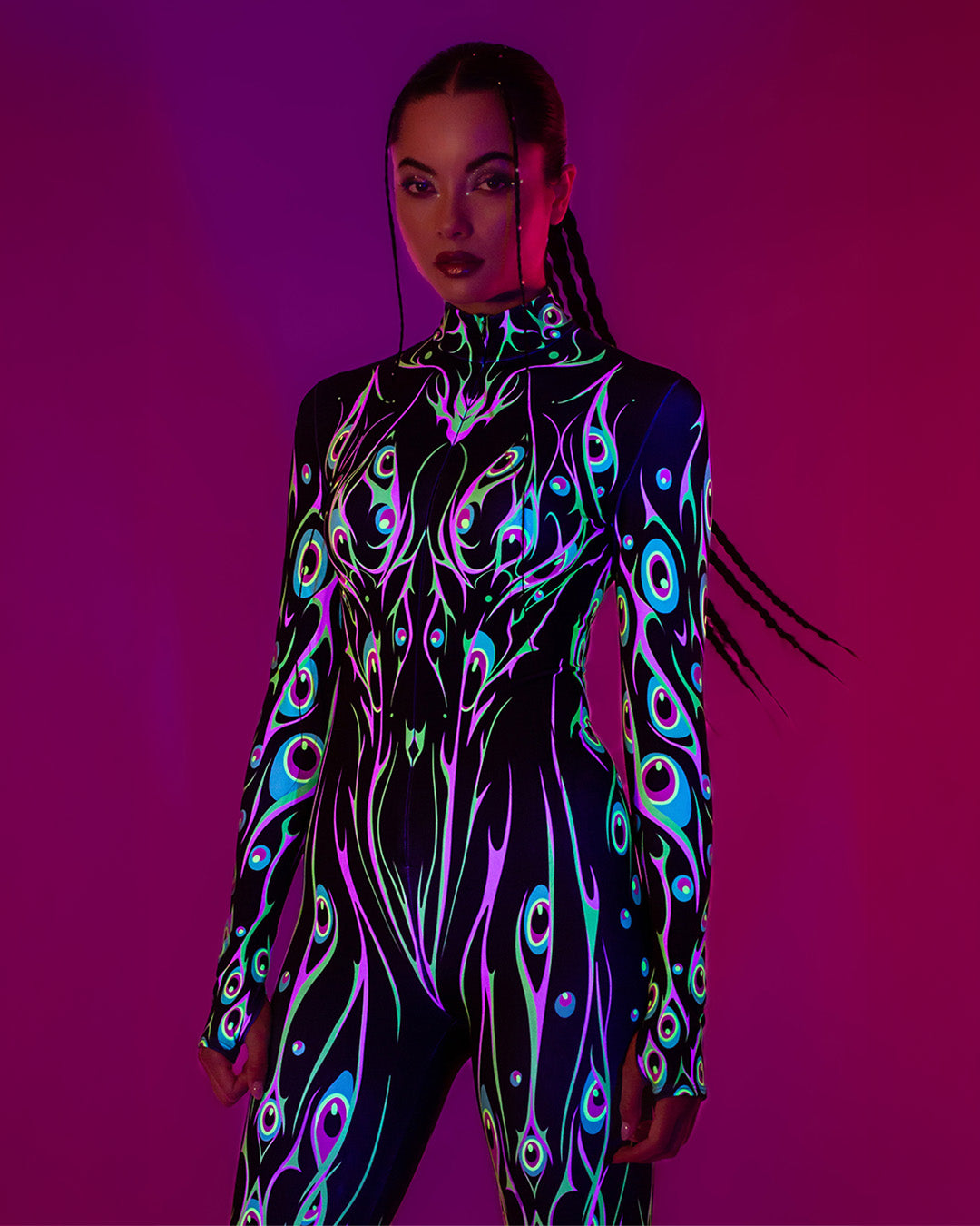 woman in a full bodysuit with UV-reactive print details