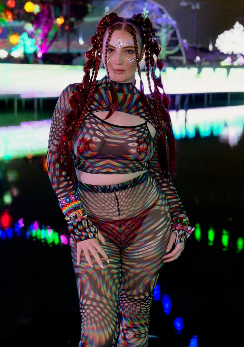 women wearing a mesh two-piece set with a shrug at Beyond Wonderland music festival