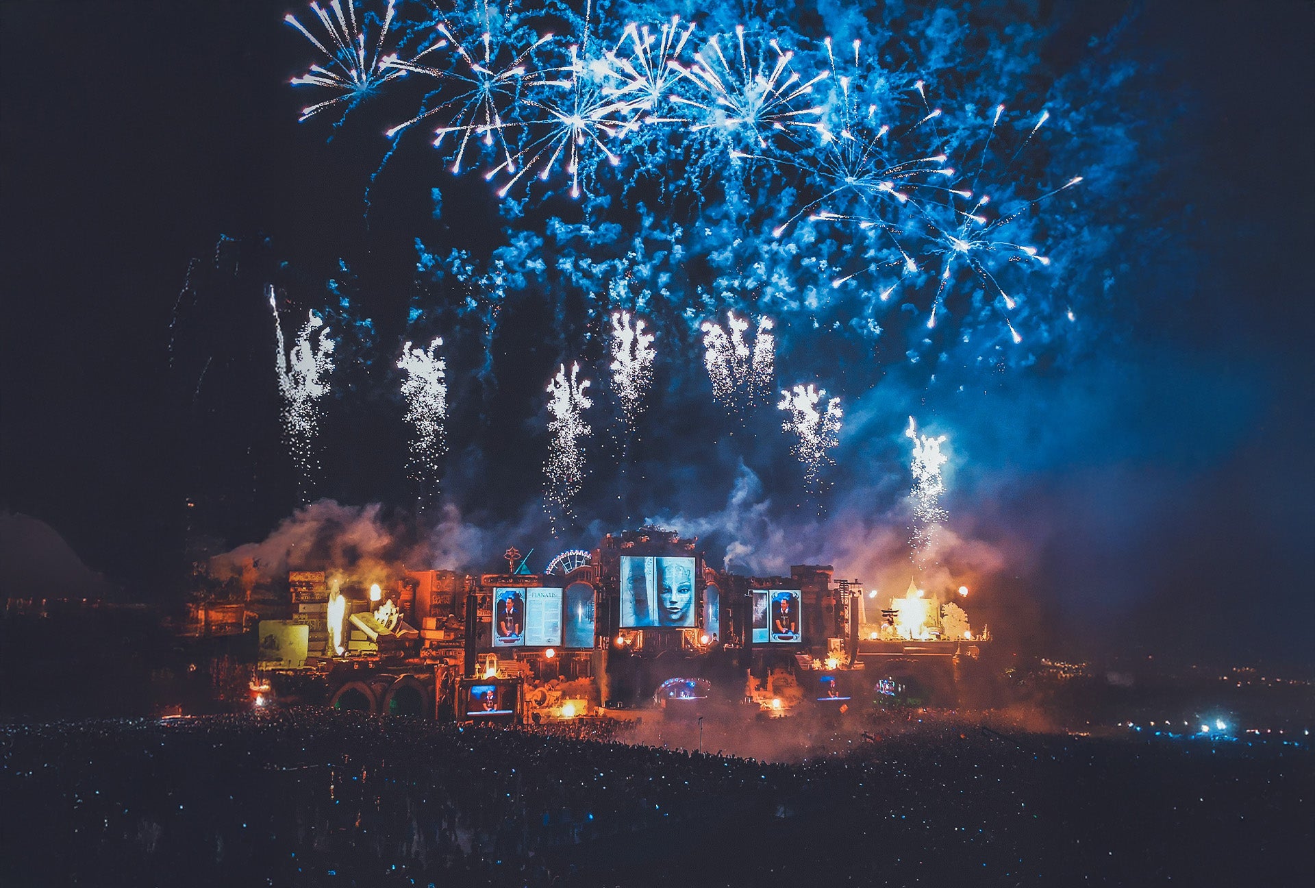 Tomorrowland festival stage with fireworks